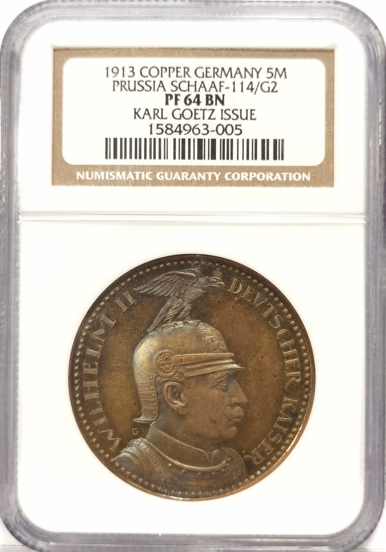 博洋堂世界钱币拍卖第057期（全场包邮） NGC PF64 1913年卡尔歌茨5马克精制样币，卡尔哥茨最漂亮的一枚样币