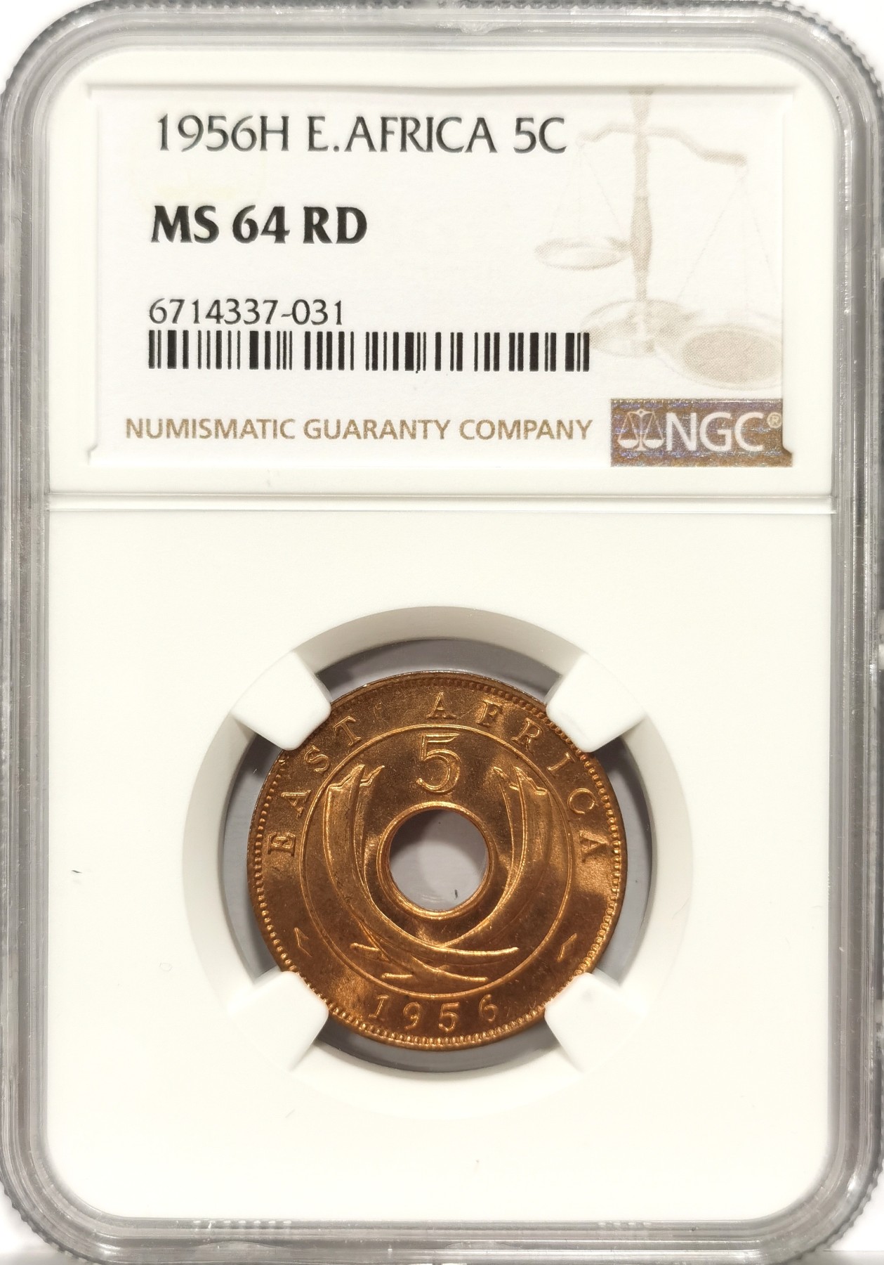 博洋堂世界钱币拍卖第057期（全场包邮） NGC MS64RD 英属东非1956年伊丽莎白二世5C铜币，顶级原卷状态