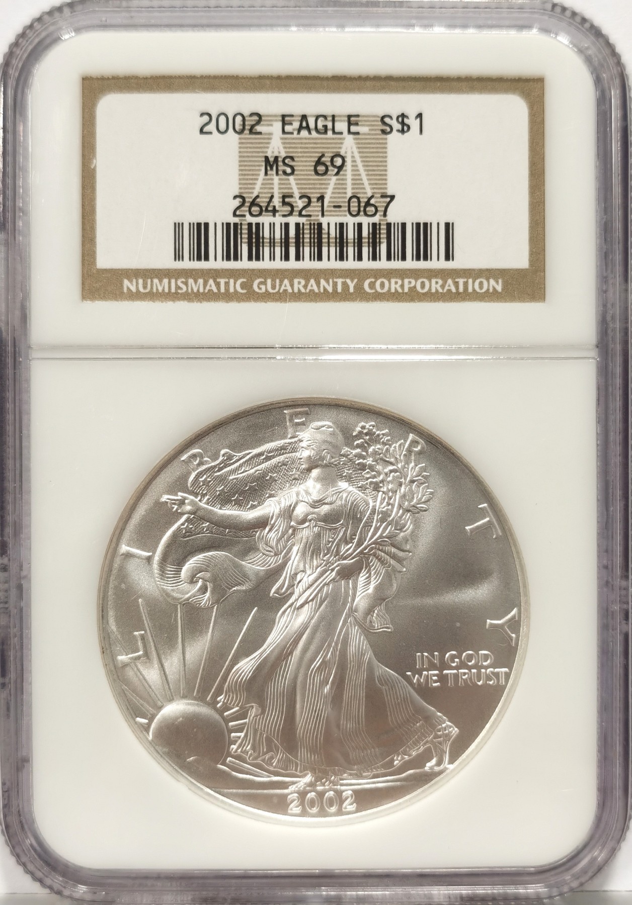 博洋堂世界钱币拍卖第057期（全场包邮） NGC MS69 美国2002年行走女神银币，早期盒子