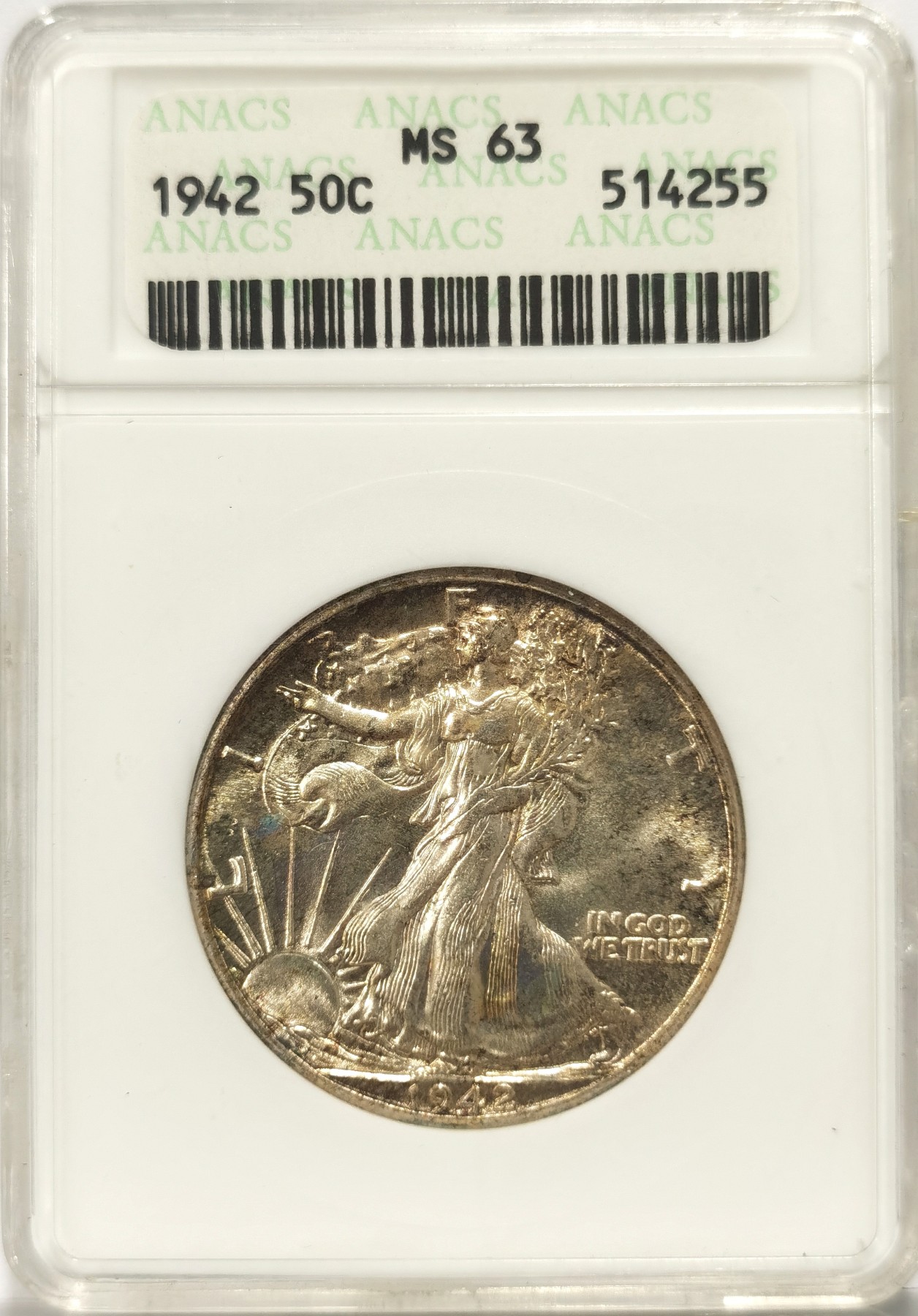 博洋堂世界钱币拍卖第057期（全场包邮） 1942年美国行走女神半美元银币绝版经典小白盒ANACS-MS63，原汁原味淡彩老包浆，币面清爽干净又漂亮，打制精美，银光闪闪。ANACS绝版经典小白盒，以前许多小白盒换N，P升一级比比皆是，小白盒的品质保证很值得信赖，盒子本身就是古董级别的收藏品
