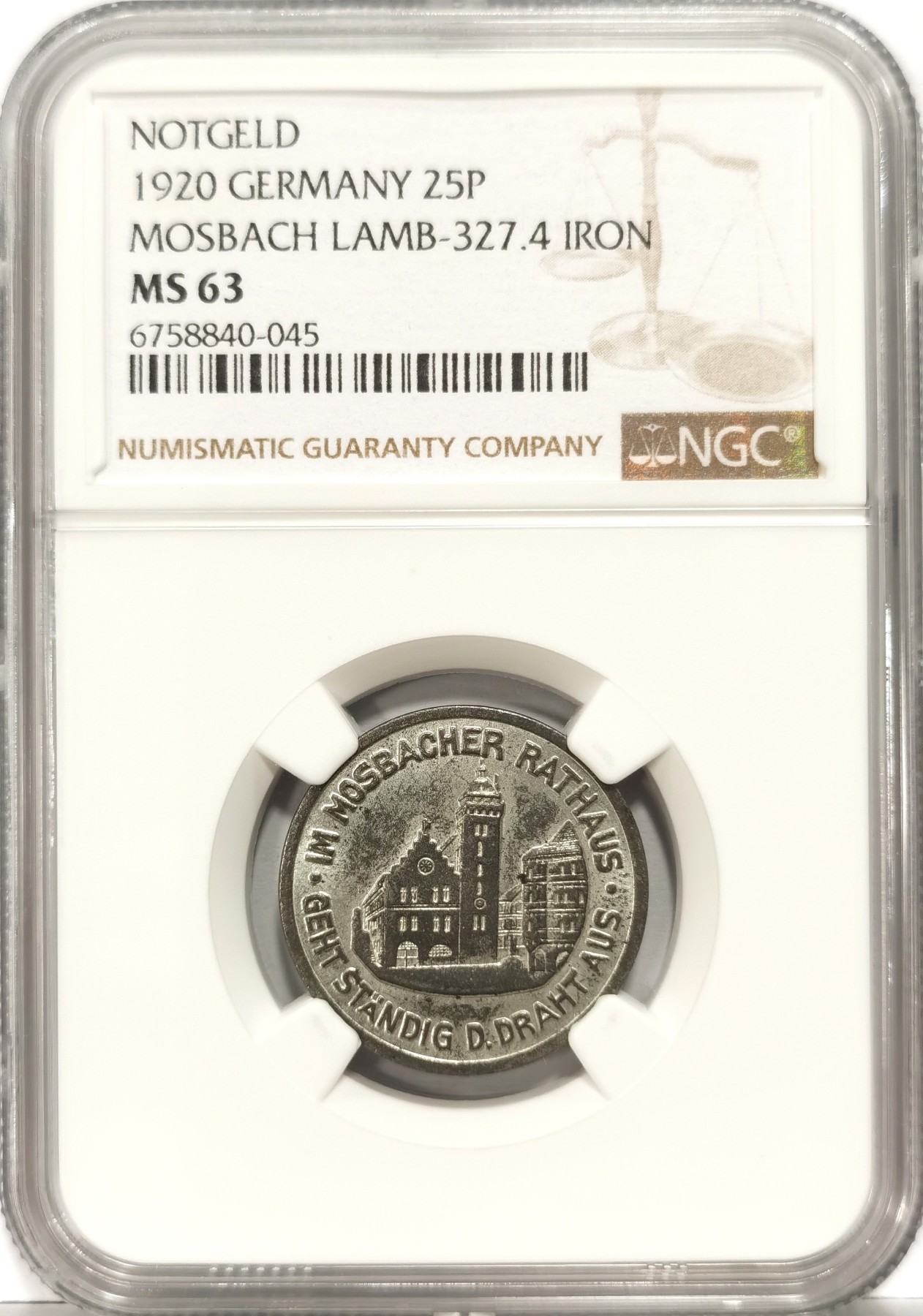 博洋堂世界钱币拍卖第057期（全场包邮） NGC MS63 德国1920年莫斯巴赫紧急状态25芬尼铁币