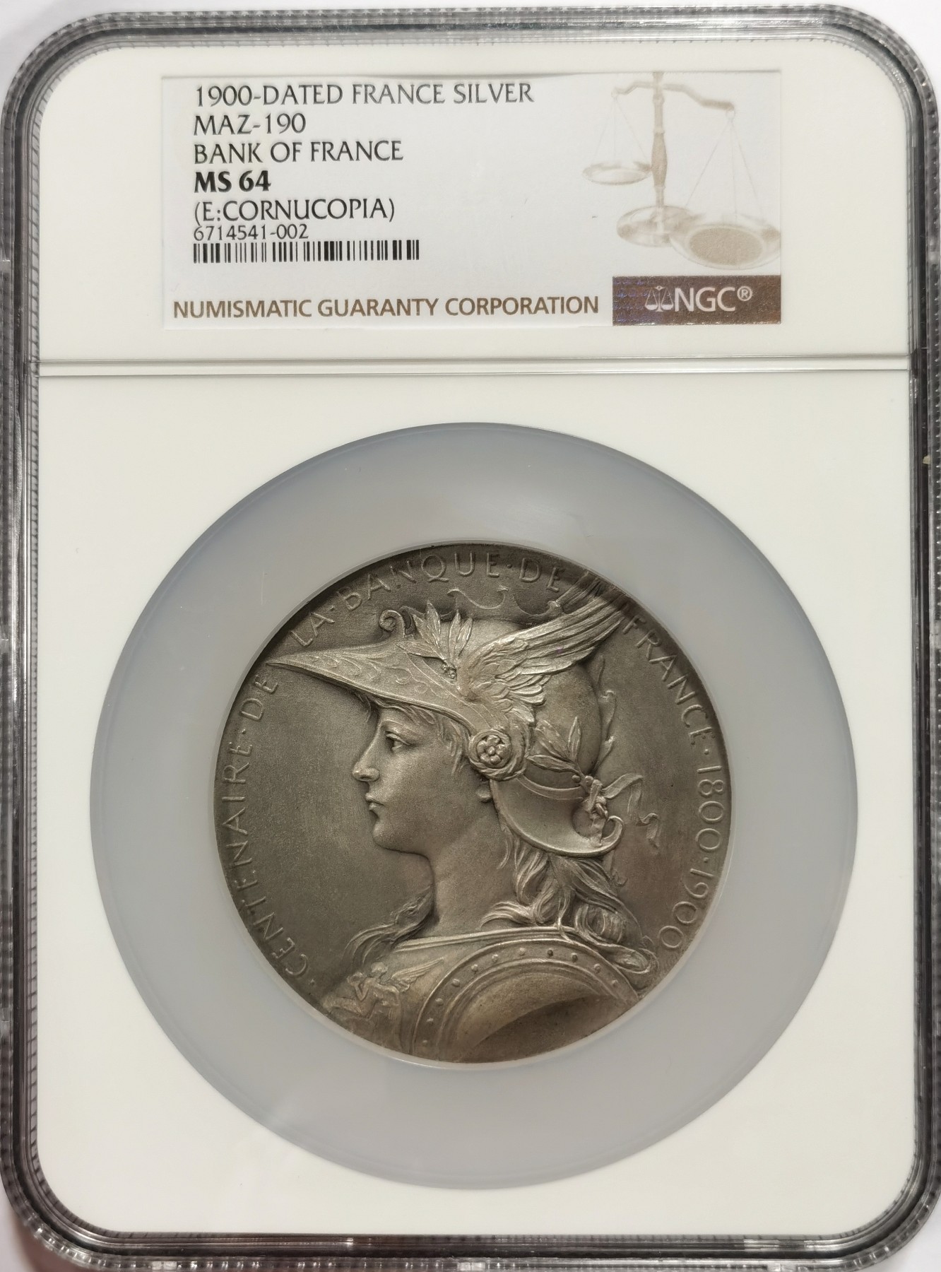 博洋堂世界钱币拍卖第057期（全场包邮） 经典章牌 法兰西银行成立百年纪念银章 roty作品 68mm直径 NGC MS64 高分好品 收藏佳品