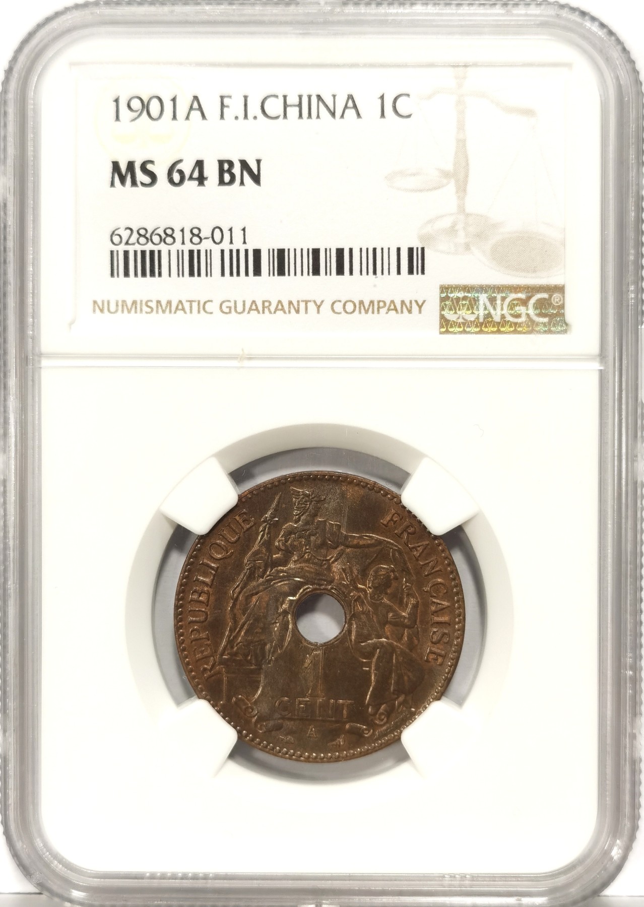 博洋堂世界钱币拍卖第057期（全场包邮） NGC MS64BN 法属印支1901年百分之一中孔铜币，高分收藏级