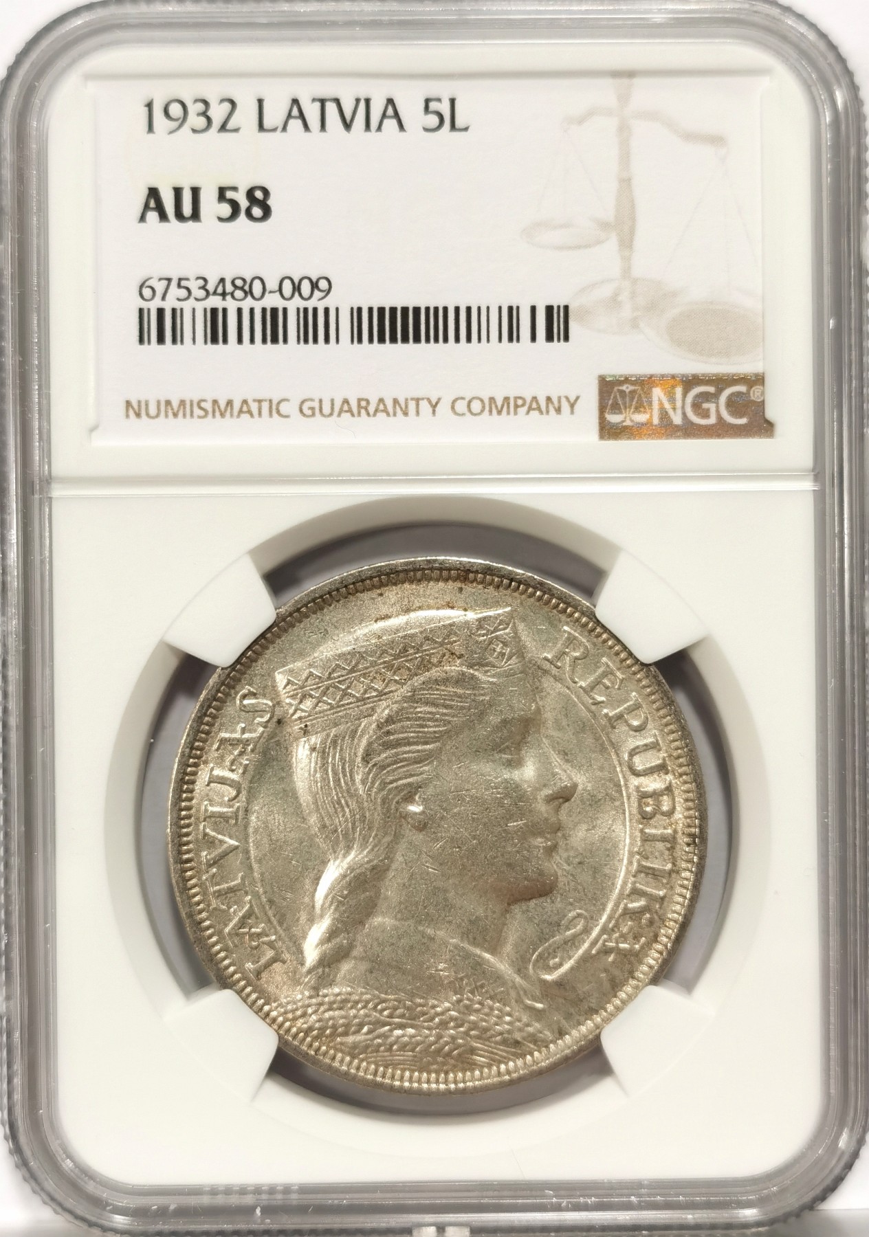 博洋堂世界钱币拍卖第057期（全场包邮） NGC AU58 拉脱维亚1932年少女5拉特银币，最少年份