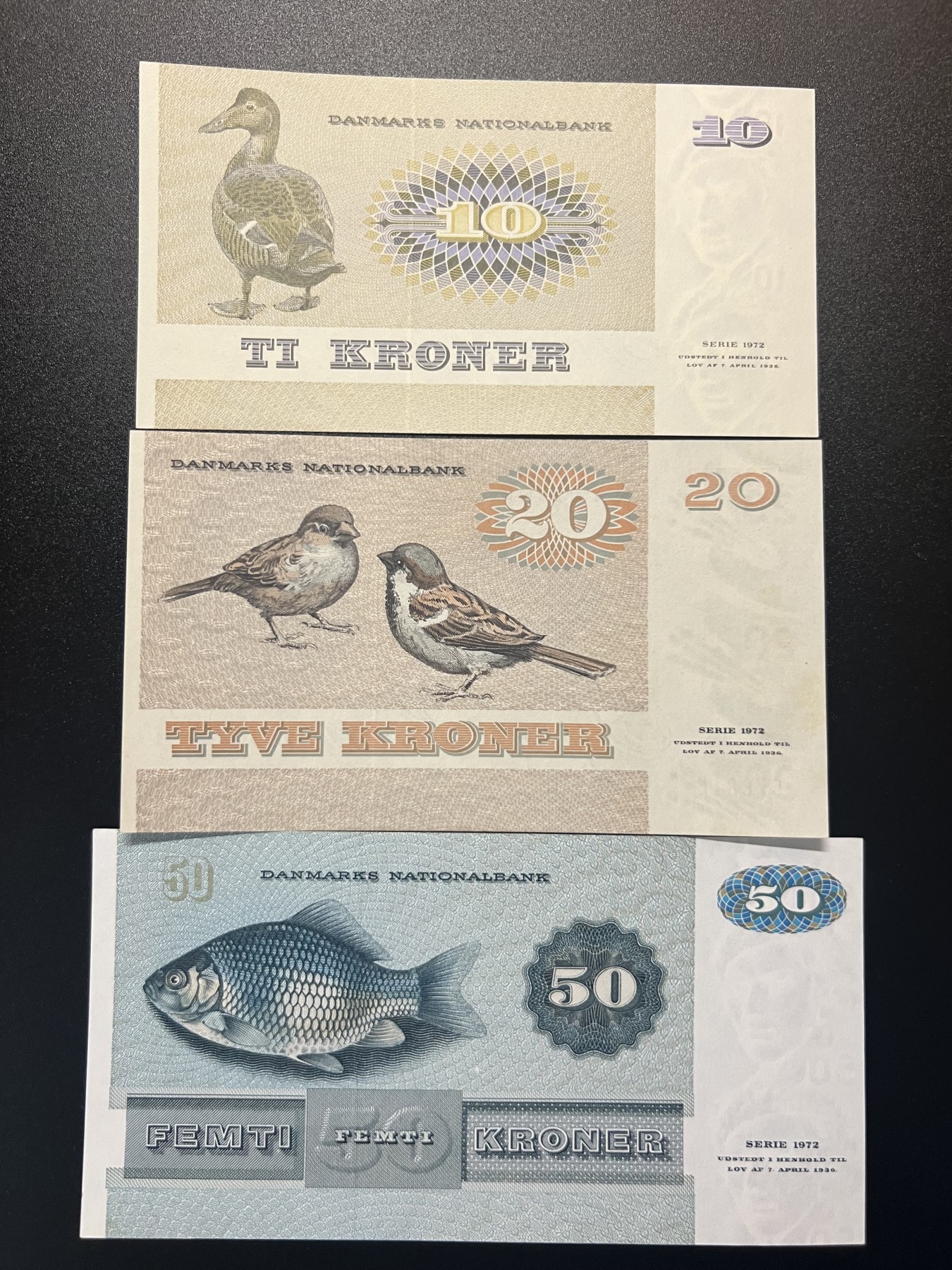 🌗乐淘淘世界纸币拍卖精品场 第35期🌓 丹麦纸币三张 10/20/50马克 50马克有荧光 UNC