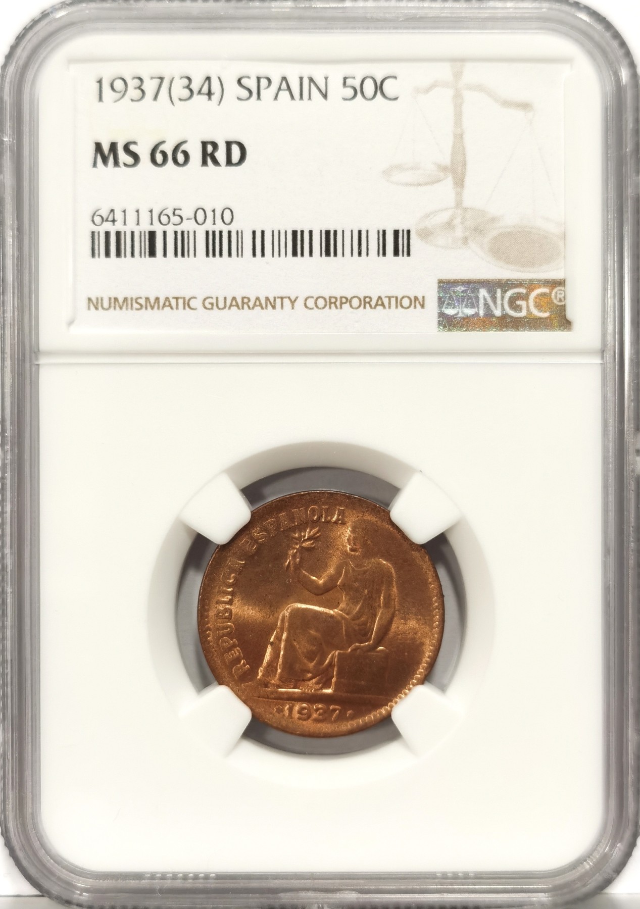 博洋堂世界钱币拍卖第057期（全场包邮） NGC MS66RD 1937年西班牙内战50分铜币，唯二冠军分数，高分极其难得的品种，上手非常厚重。出自CNB2023年7月拍卖，成交价含佣金116欧元