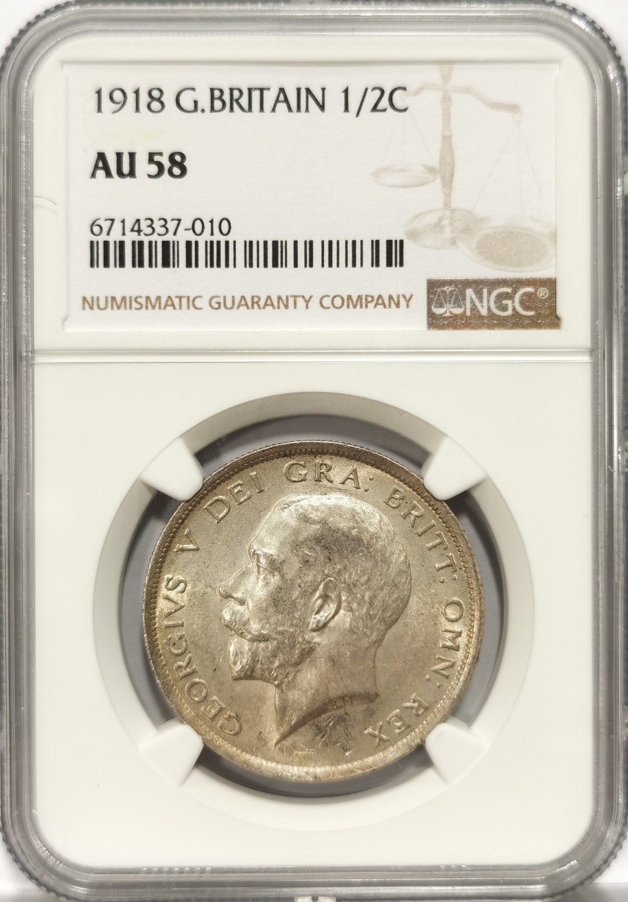 博洋堂世界钱币拍卖第057期（全场包邮） NGC AU58 英国1918年乔治五世1/2克朗银币