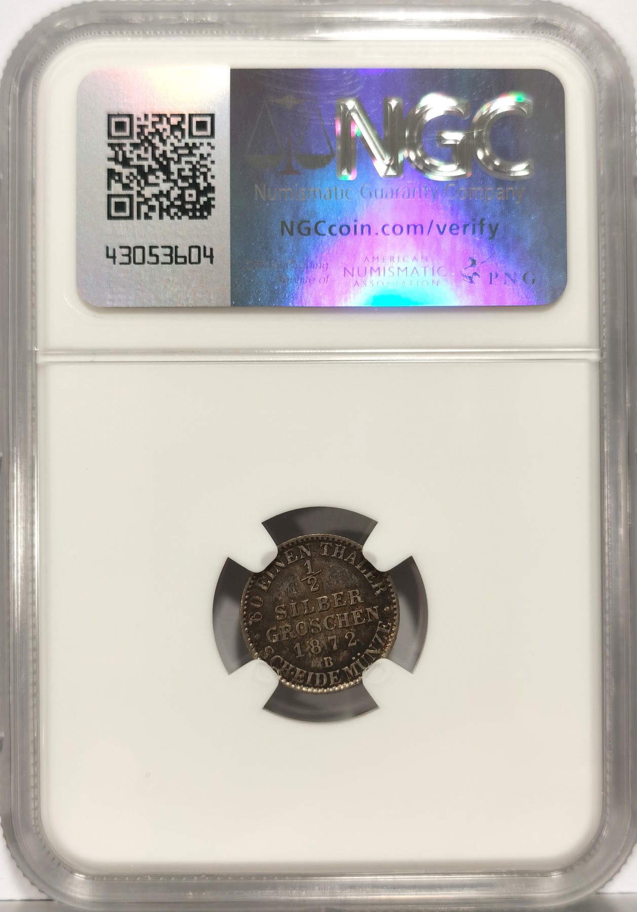 博洋堂世界钱币拍卖第057期（全场包邮） NGC MS63 德国普鲁士1872年B版1/2格罗申银币