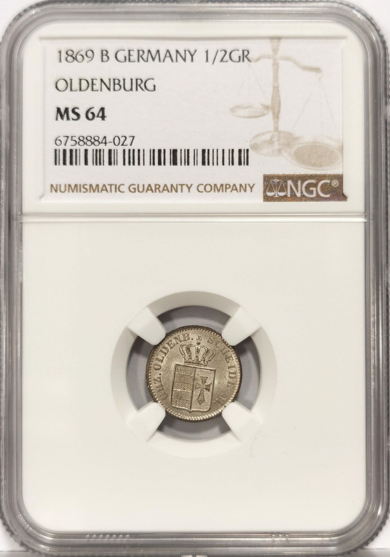 博洋堂世界钱币拍卖第057期（全场包邮） NGC MS64冠军分 德国奥尔登堡1869年1/2格罗申银币