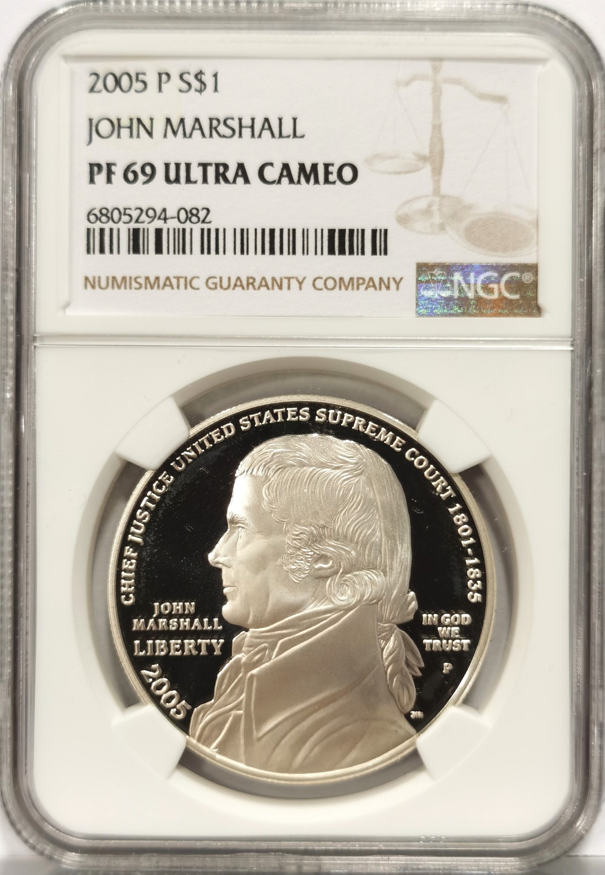 博洋堂世界钱币拍卖第057期（全场包邮） 2005年美国约翰马歇尔1美元精制纪念银币NGC-PF69UC，PROOF全新镜面状态精制币，状态极佳。，第4任美国首席大法官，是美国历史上任期最长的首席大法官，被美国人称为“伟大的最高法院院长”“所有时代的法官”及公认影响最深远的实际上的宪法创制人之一