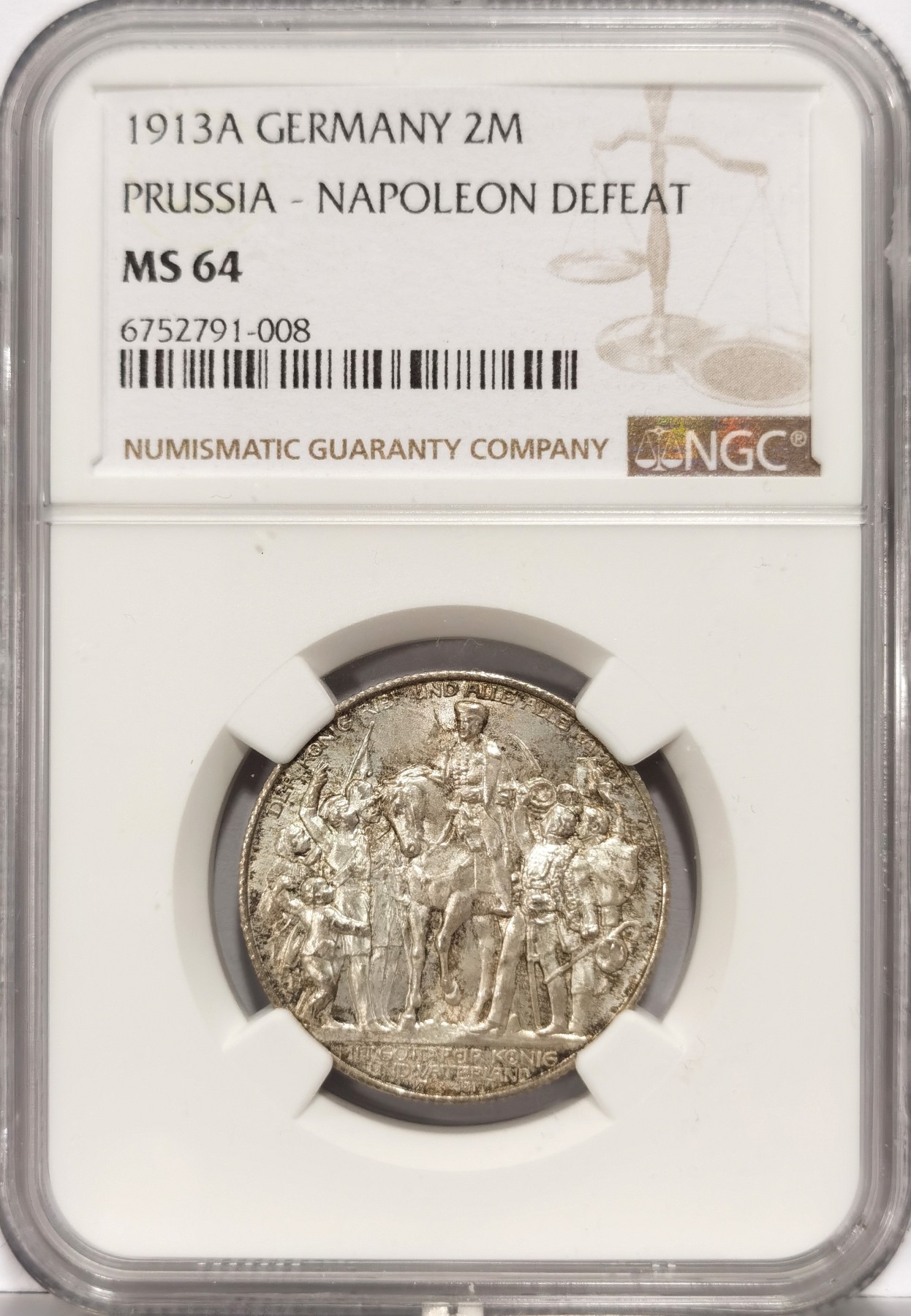 博洋堂世界钱币拍卖第057期（全场包邮） 1913年德国普鲁士击败拿破仑2马克纪念银币NGC-MS64，原汁原味原光老包浆，包浆醇厚，币面清爽干净又漂亮，打制精美，银光闪闪，高分精品