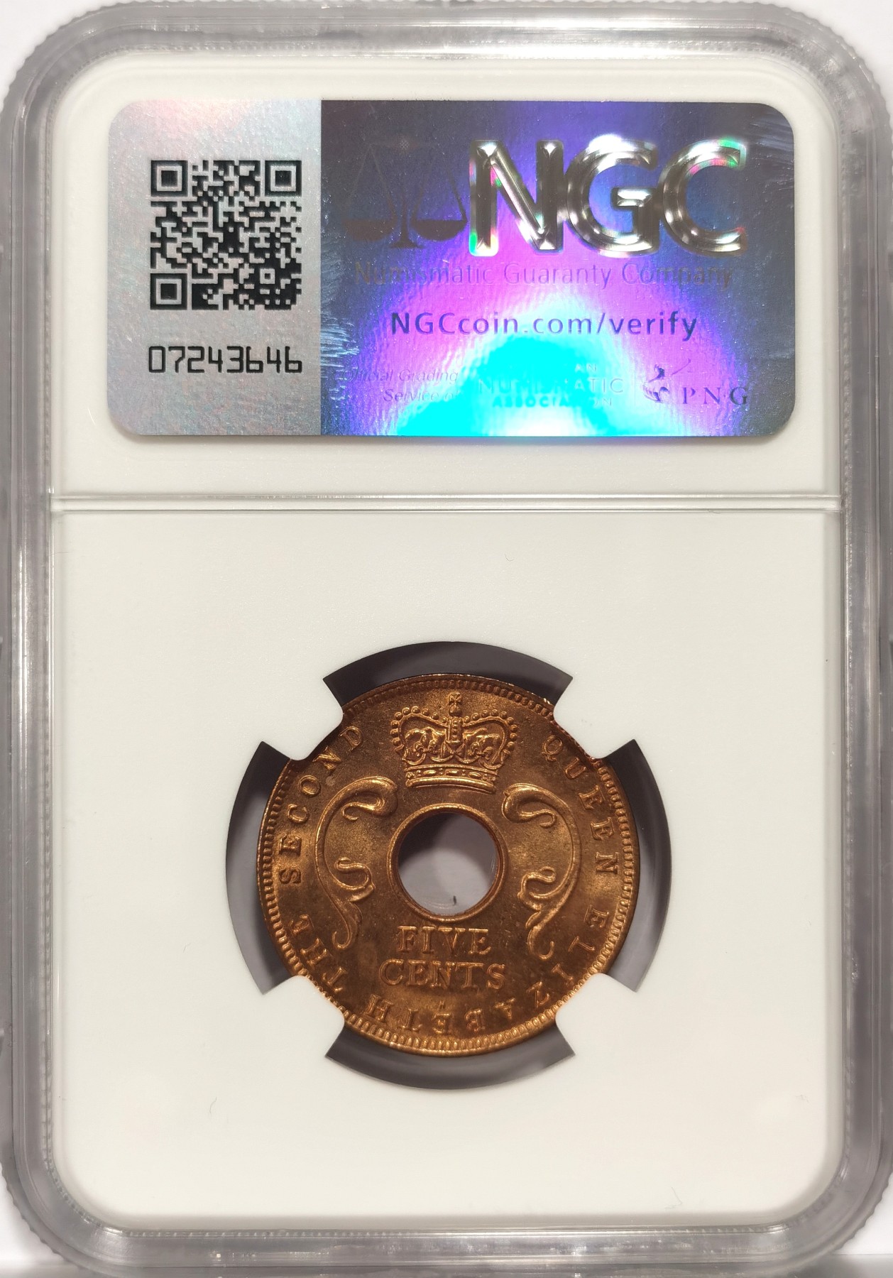 博洋堂世界钱币拍卖第057期（全场包邮） NGC MS64RD 英属东非1956年伊丽莎白二世5C铜币，顶级原卷状态