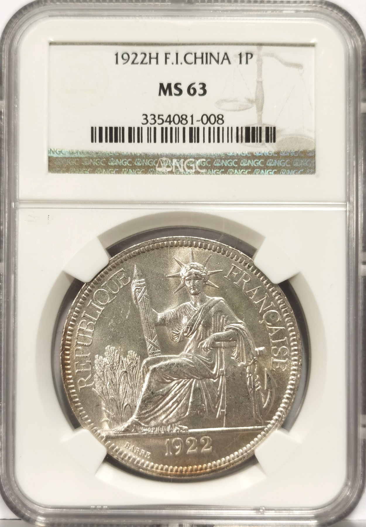 博洋堂世界钱币拍卖第057期（全场包邮） NGC MS63 1922年法属印支坐洋一枚，高点具在，女神脸部非常清晰，镜面感极强，轻微环五彩包浆，NGC老盒明显严评，和过手的数枚64分可以说是平分秋色。博洋堂最近成交一枚同年63分7600元成交