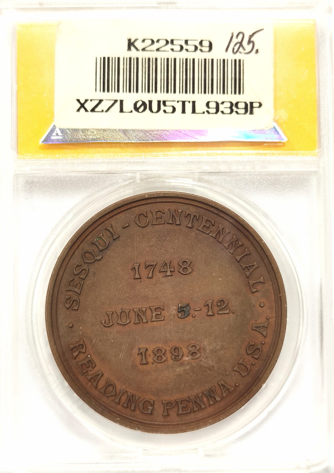 博洋堂世界钱币拍卖第057期（全场包邮） ANACS MS62 美国1898年Reading Penna，150周年纪念章