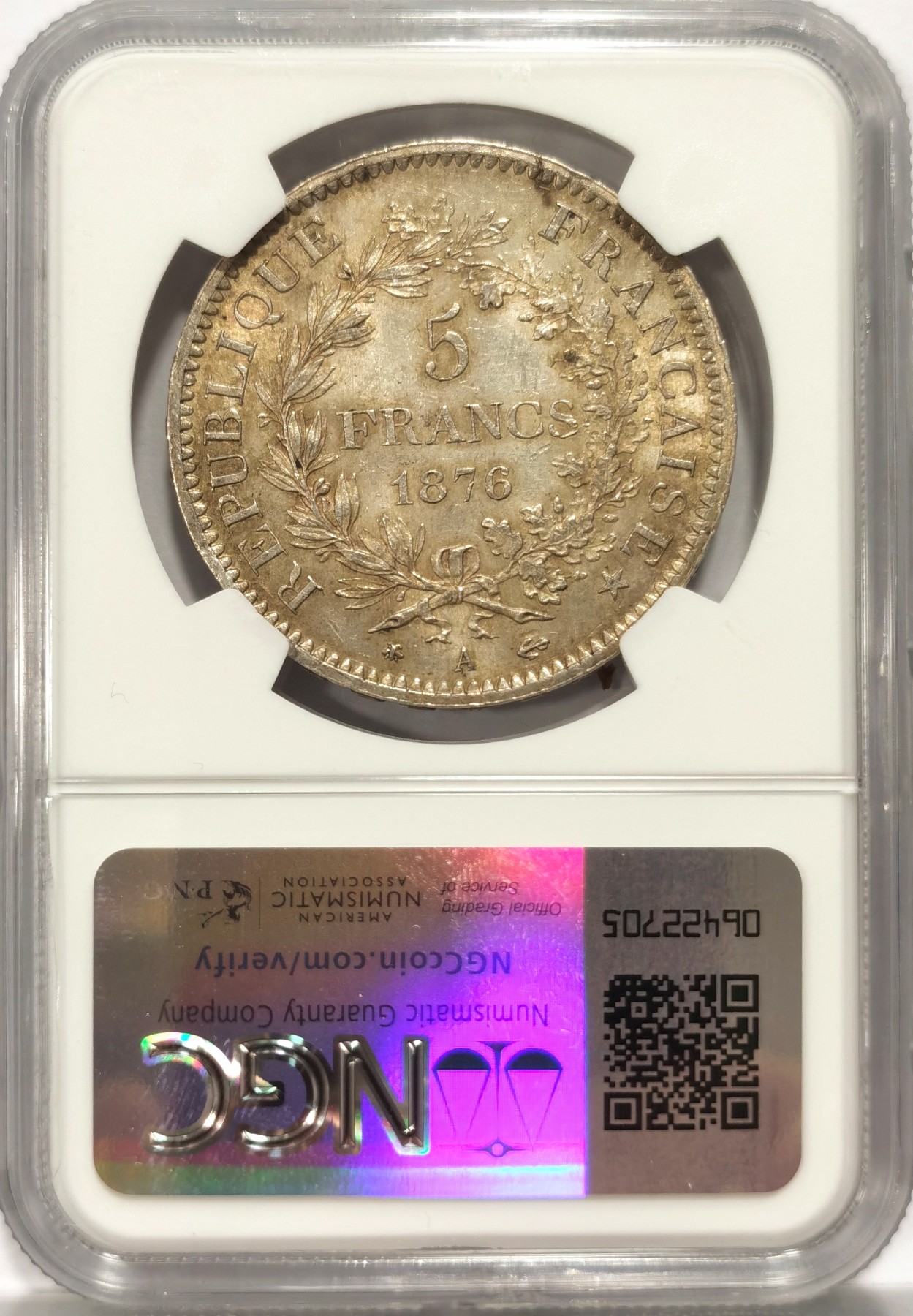 博洋堂世界钱币拍卖第057期（全场包邮） NGC MS62 法国1876年大力神5法郎银币，极品原味包浆