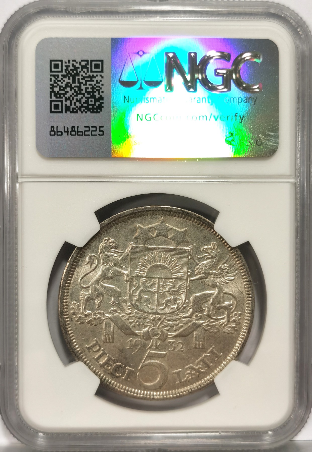 博洋堂世界钱币拍卖第057期（全场包邮） NGC AU58 拉脱维亚1932年少女5拉特银币，最少年份