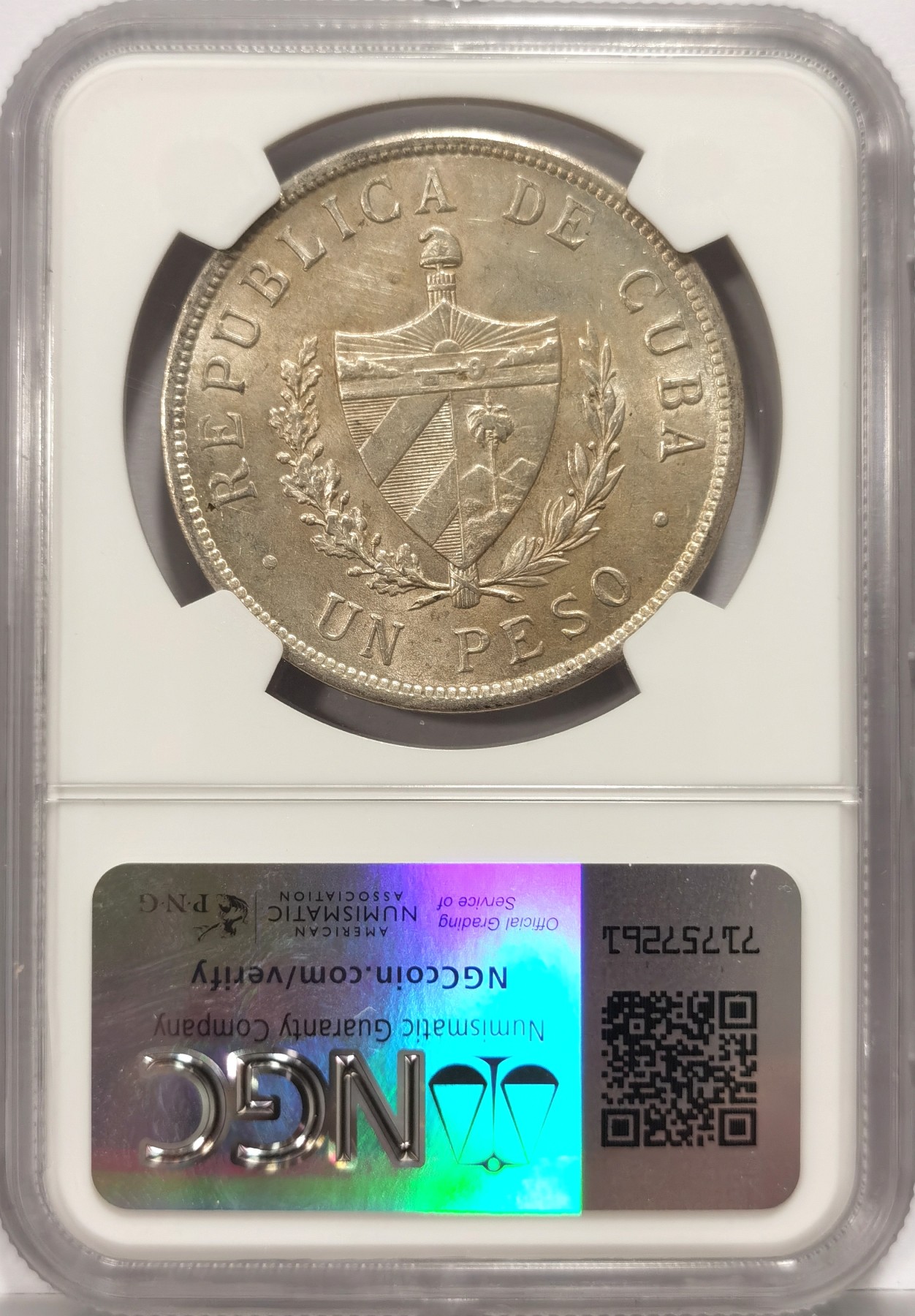 博洋堂世界钱币拍卖第057期（全场包邮） 1934年古巴大五星1比索银币NGC-UNC，细节完美未流通，状态极佳，字口清晰，设计精美