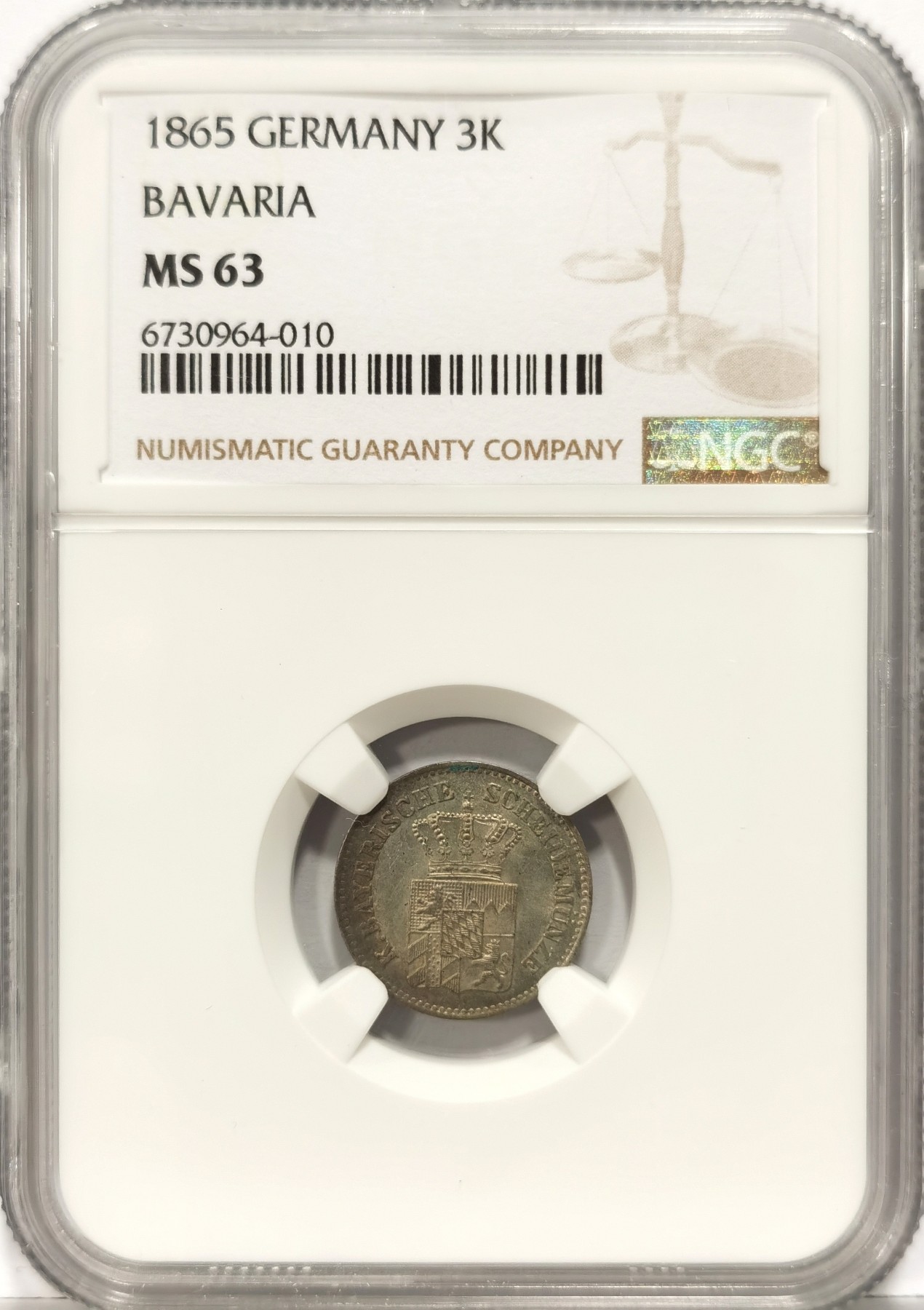 博洋堂世界钱币拍卖第057期（全场包邮） NGC MS63 德国巴伐利亚1865年3克鲁泽银币