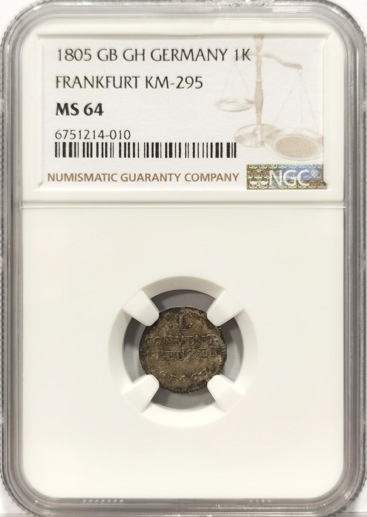 博洋堂世界钱币拍卖第057期（全场包邮） NGC MS64冠军分 德国法兰克福1805年1克鲁泽银币