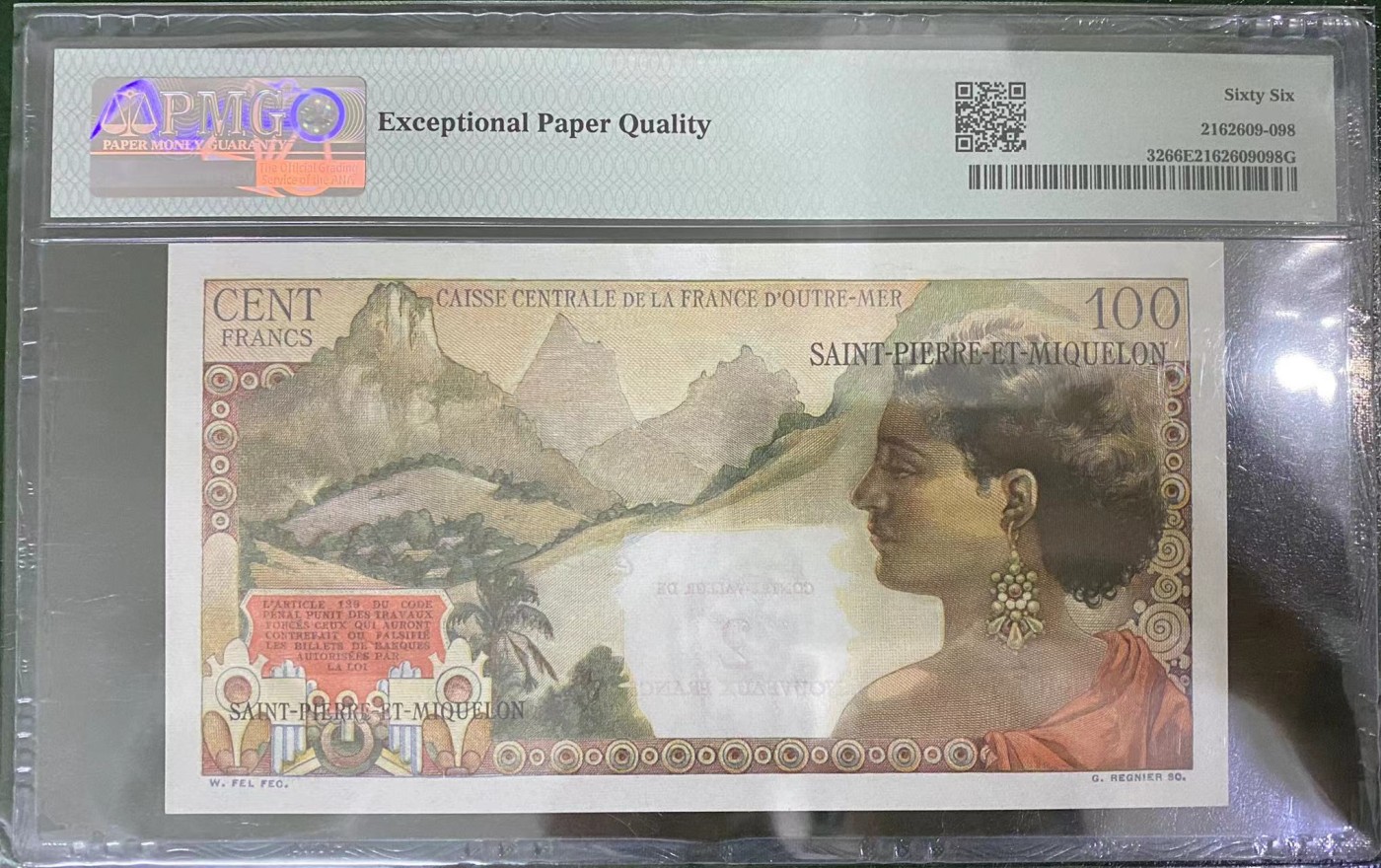 《外钞收藏家》第三百二十三期 PMG66 圣皮埃尔和密克隆100法郎 1963年 无4