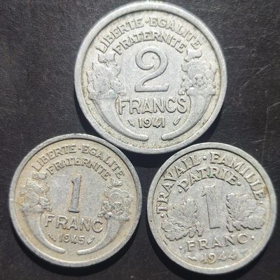 64-1 - 【保真外币】法国早期40年代硬币一组3枚 法郎 年份随机发货23001