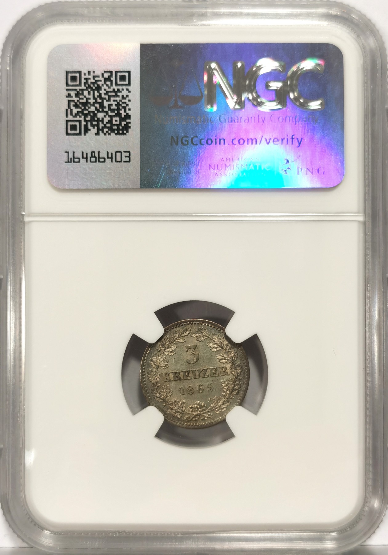 博洋堂世界钱币拍卖第057期（全场包邮） NGC MS63 德国巴伐利亚1865年3克鲁泽银币