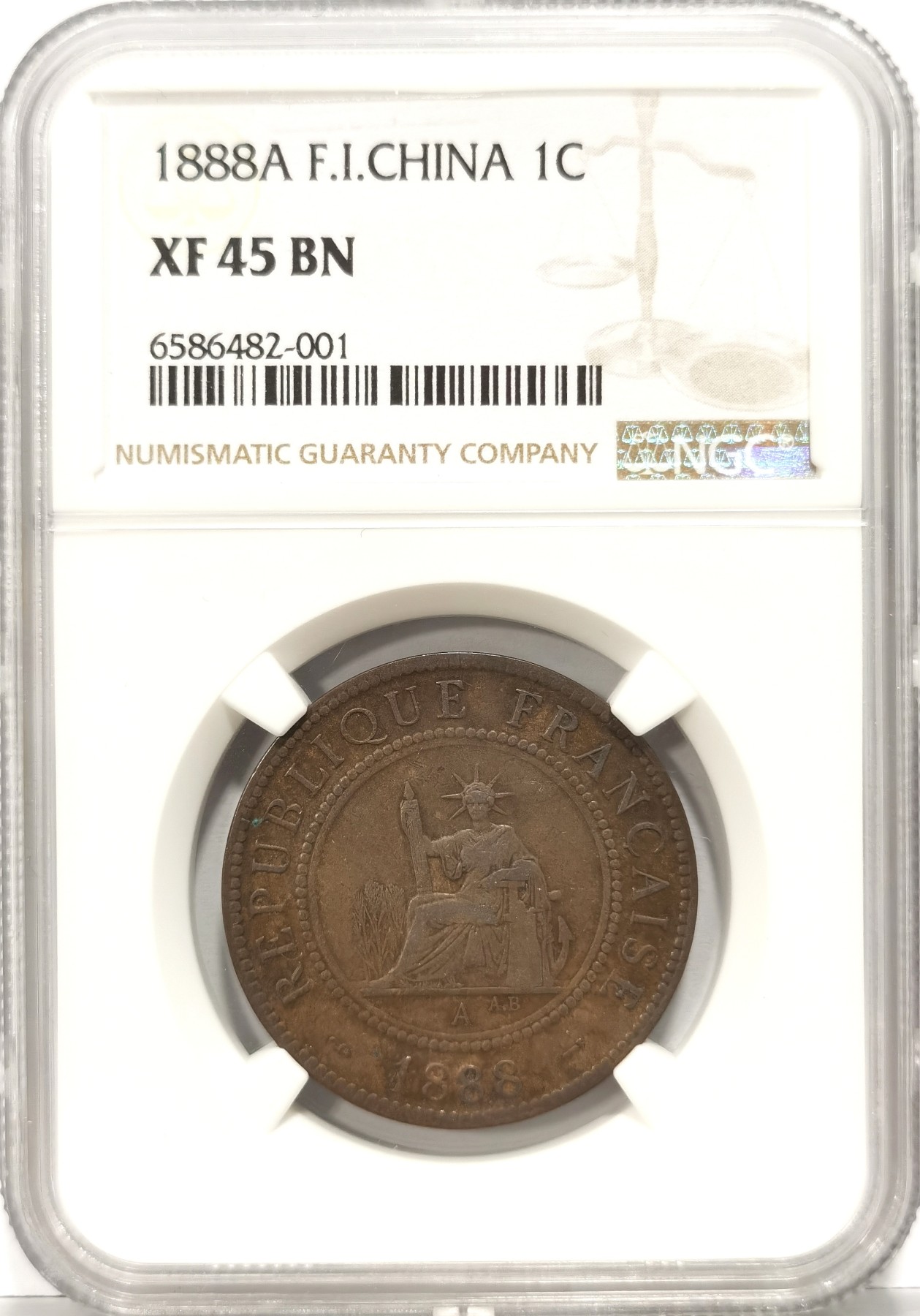 博洋堂世界钱币拍卖第057期（全场包邮） NGC XF45BN 法属交趾支那1888年百分之一铜币，少见好年份