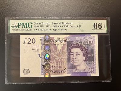 🌗乐淘淘世界纸币收藏拍卖 第36期🌓 【BH52 075483】英国2006年纸币 20镑 女王钞 PMG66EPQ