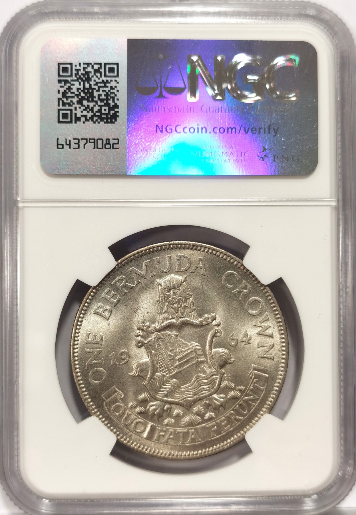 博洋堂世界钱币拍卖第057期（全场包邮） NGC MS65 英属百慕大1964年1克朗银币，原卷拆出送评