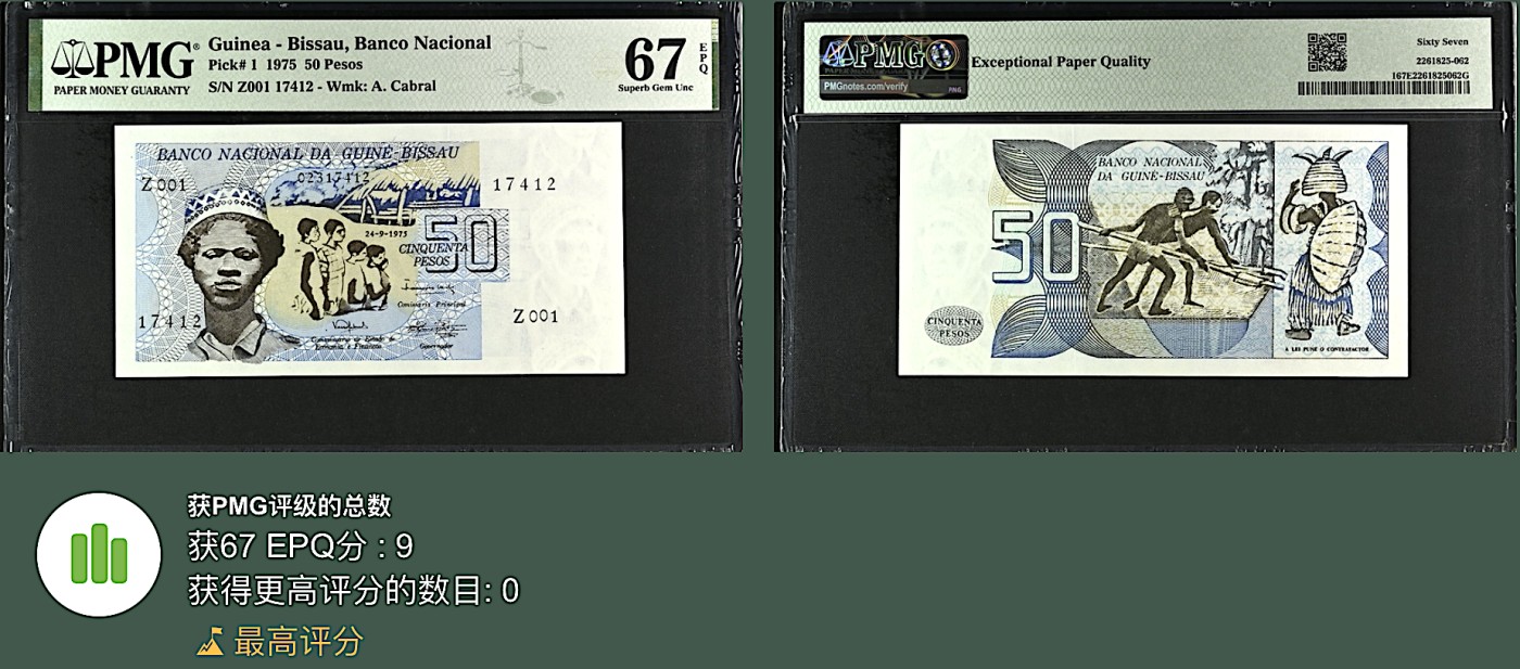 《张总收藏》131期-平安夜大美外币 几内亚比绍50比索 PMG67E 1975年第一版纸币 Pick1 冠军分