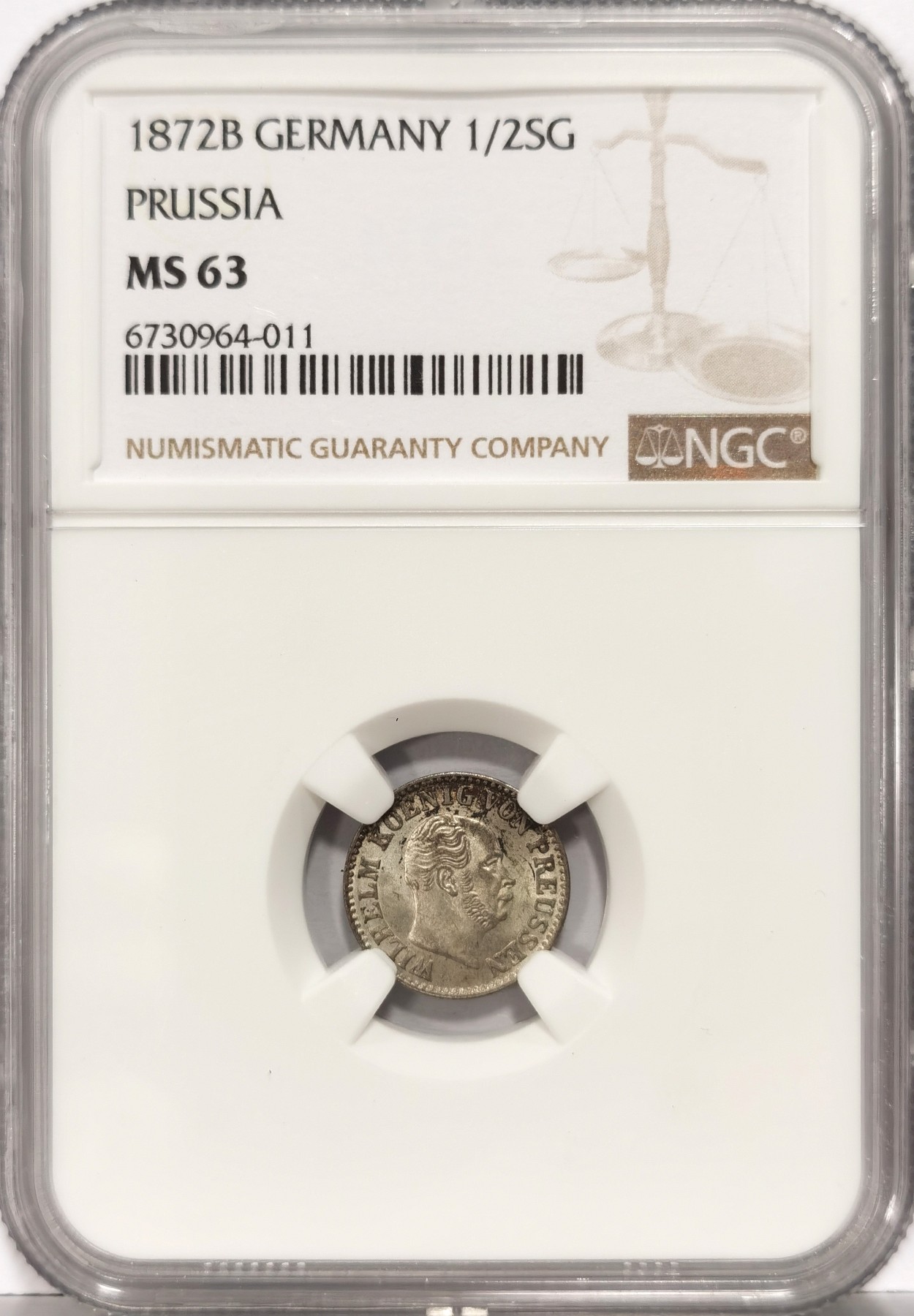 博洋堂世界钱币拍卖第057期（全场包邮） NGC MS63 德国普鲁士1872年B版1/2格罗申银币