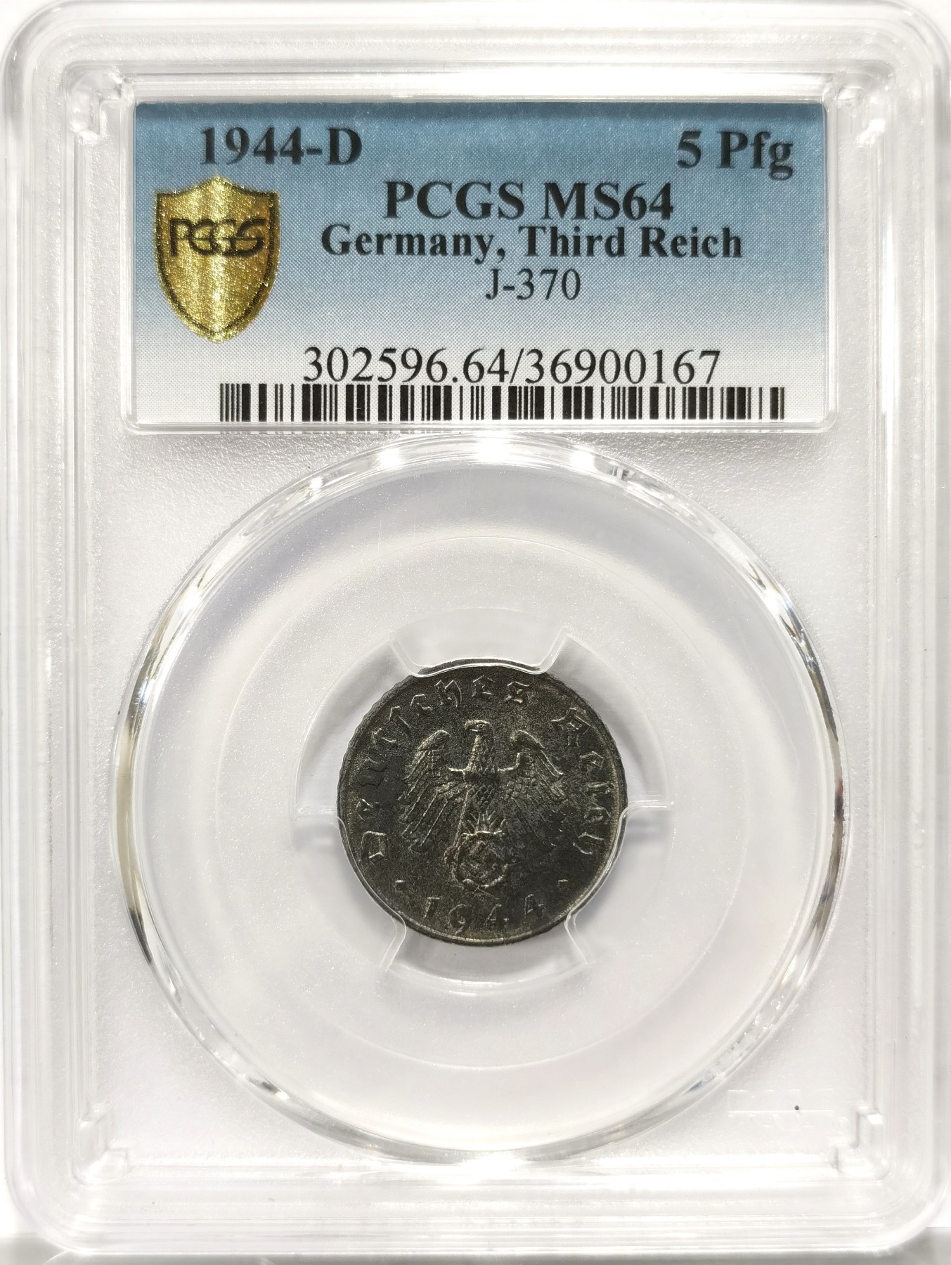 博洋堂世界钱币拍卖第057期（全场包邮） PCGS MS64 德国第三帝国1944年D版5芬尼锌币，比常见的1芬尼少多了，64堪称极品，几乎未氧化，原光闪烁