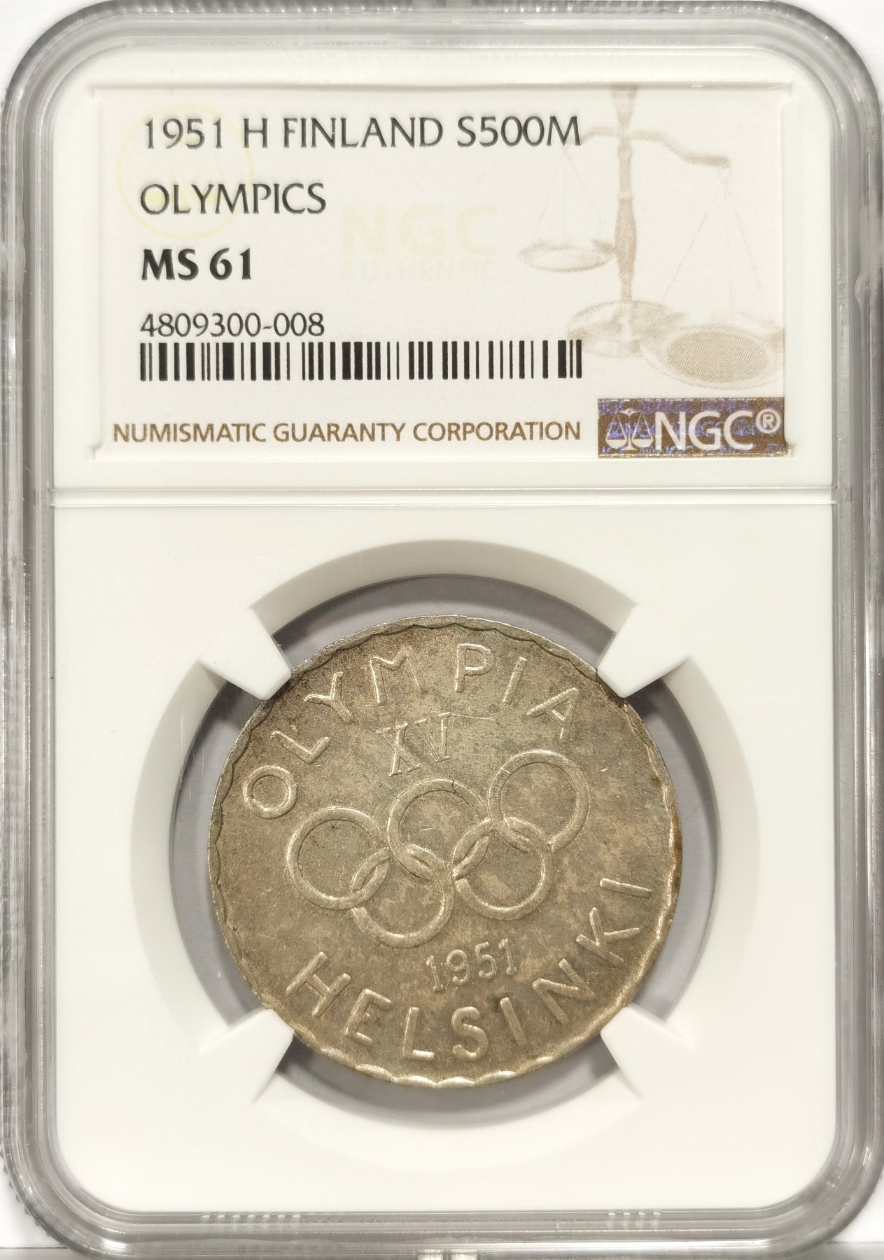 博洋堂世界钱币拍卖第057期（全场包邮） NGC MS61 1951年芬兰奥运纪念银币-世界上首枚奥运纪念银币，1951年版的发行量只有1.9万枚，比起1952年版的58万枚少多了
