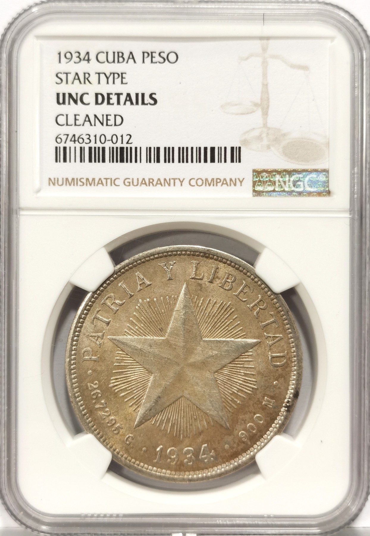 博洋堂世界钱币拍卖第057期（全场包邮） 1934年古巴大五星1比索银币NGC-UNC，细节完美未流通，状态极佳，字口清晰，设计精美