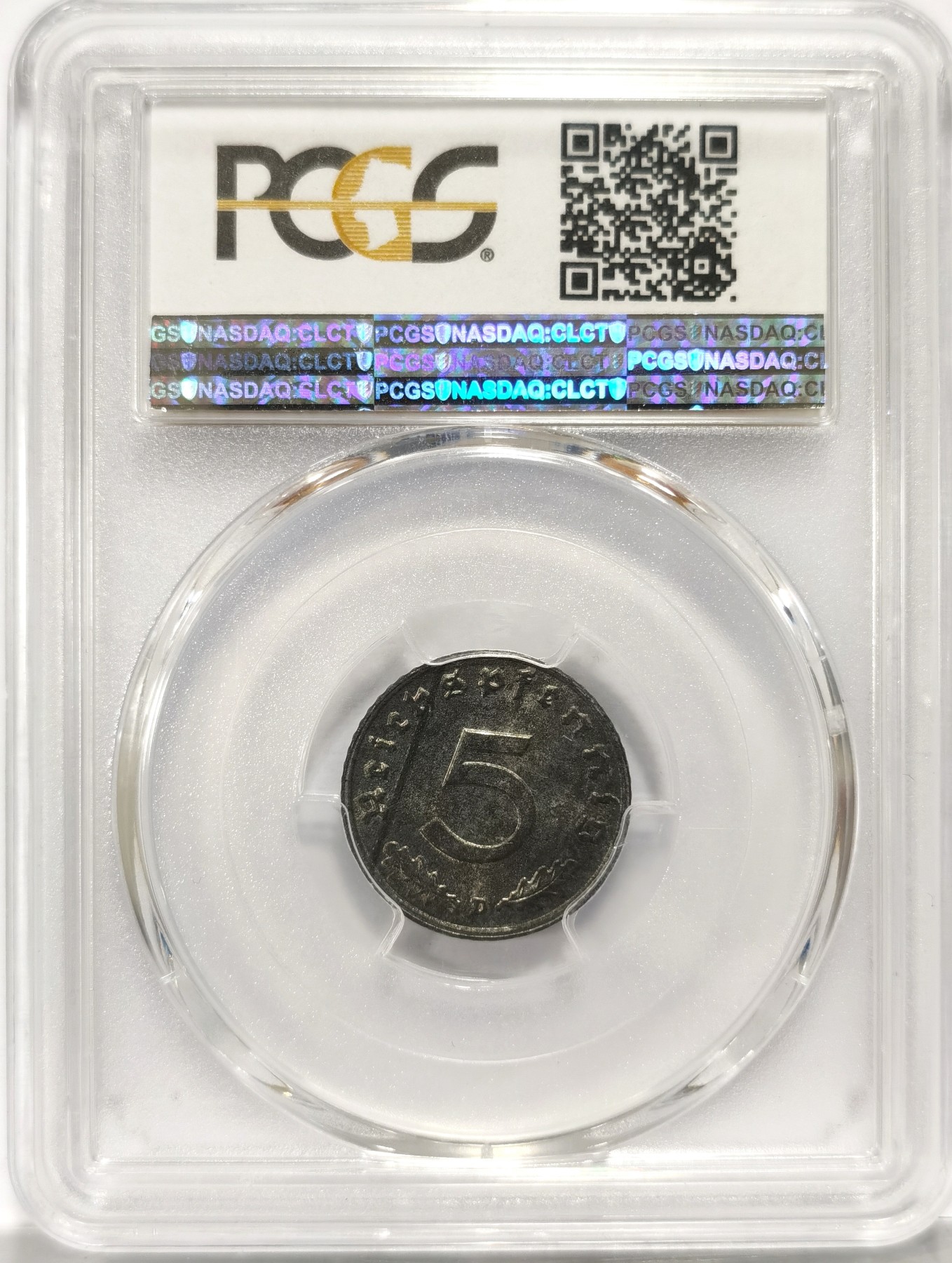 博洋堂世界钱币拍卖第057期（全场包邮） PCGS MS64 德国第三帝国1944年D版5芬尼锌币，比常见的1芬尼少多了，64堪称极品，几乎未氧化，原光闪烁