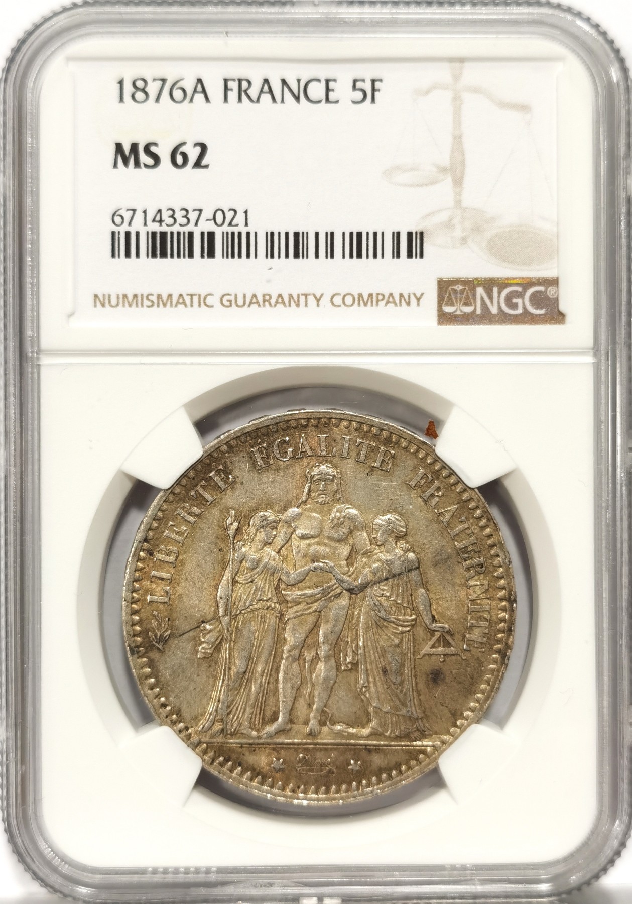 博洋堂世界钱币拍卖第057期（全场包邮） NGC MS62 法国1876年大力神5法郎银币，极品原味包浆