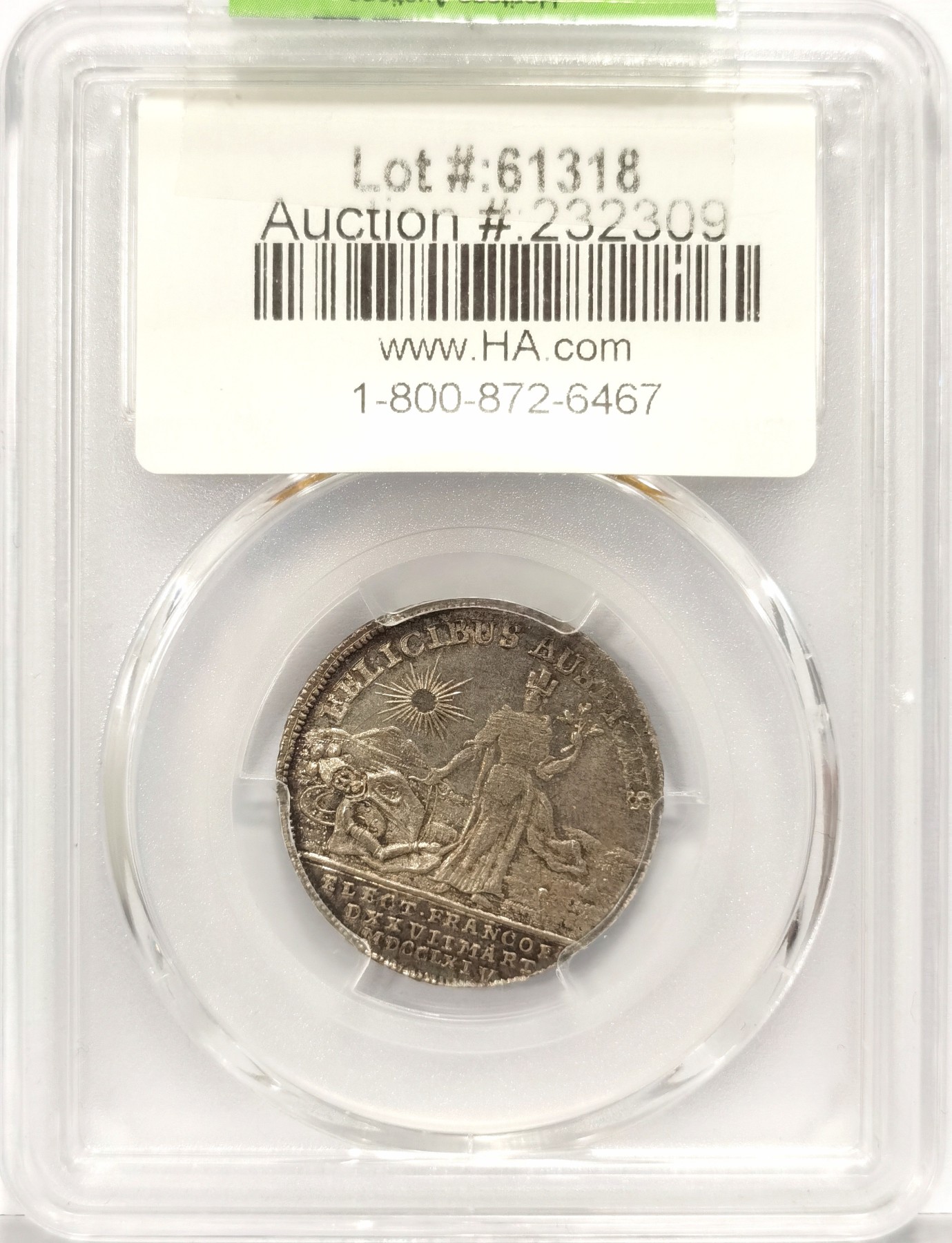 博洋堂世界钱币拍卖第057期（全场包邮） PCGS SP64 1764年法兰克福和平祈祷2杜卡特银样，PCGS评级唯一冠军分；七年战争期间，普鲁士腓特烈二世率普军5万人在法兰克福附近库讷斯多夫与俄奥联军9万人会战，惨遭失败，损失2万余人，为纪念此战役，铸造了2杜卡特的金币，这个是金币的银样。正面是腓特烈二世人像，背面是一个倒卧的将士边上站着一位手持橄榄枝的和平女神