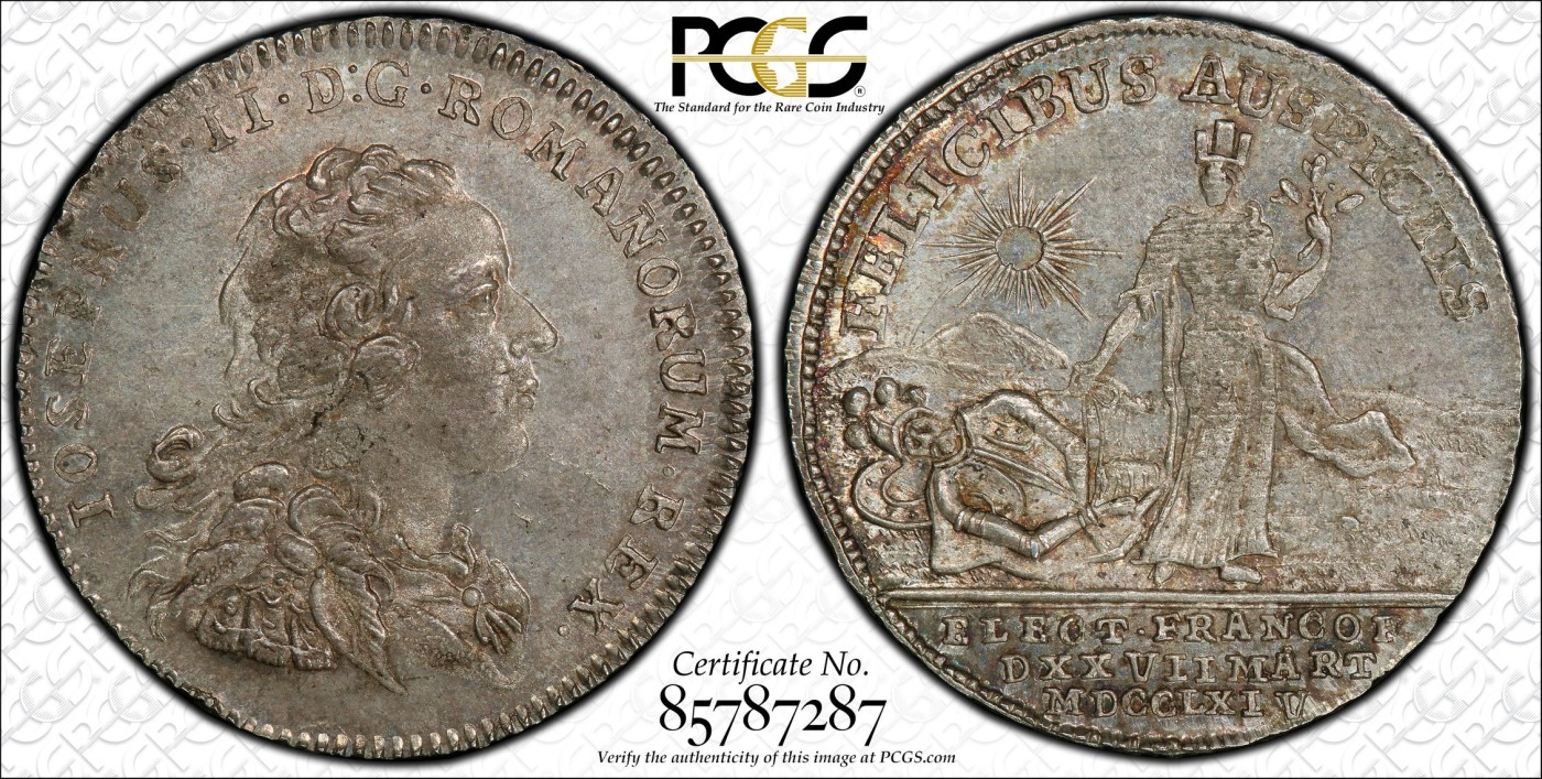 博洋堂世界钱币拍卖第057期（全场包邮） PCGS SP64 1764年法兰克福和平祈祷2杜卡特银样，PCGS评级唯一冠军分；七年战争期间，普鲁士腓特烈二世率普军5万人在法兰克福附近库讷斯多夫与俄奥联军9万人会战，惨遭失败，损失2万余人，为纪念此战役，铸造了2杜卡特的金币，这个是金币的银样。正面是腓特烈二世人像，背面是一个倒卧的将士边上站着一位手持橄榄枝的和平女神