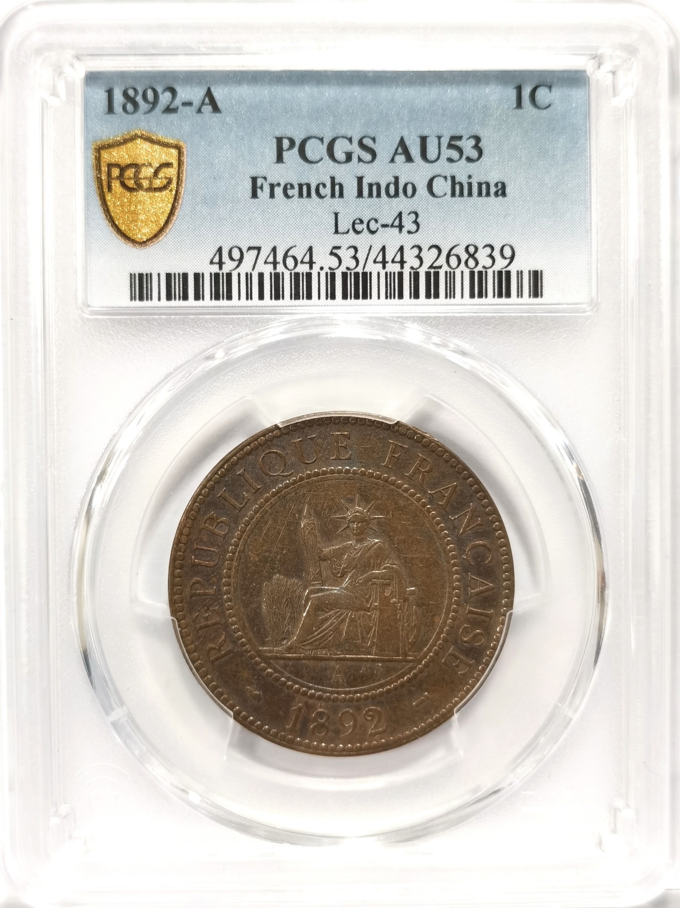 博洋堂世界钱币拍卖第057期（全场包邮） PCGS AU53 法属交趾支那1892年百分之一铜币，带五彩包浆