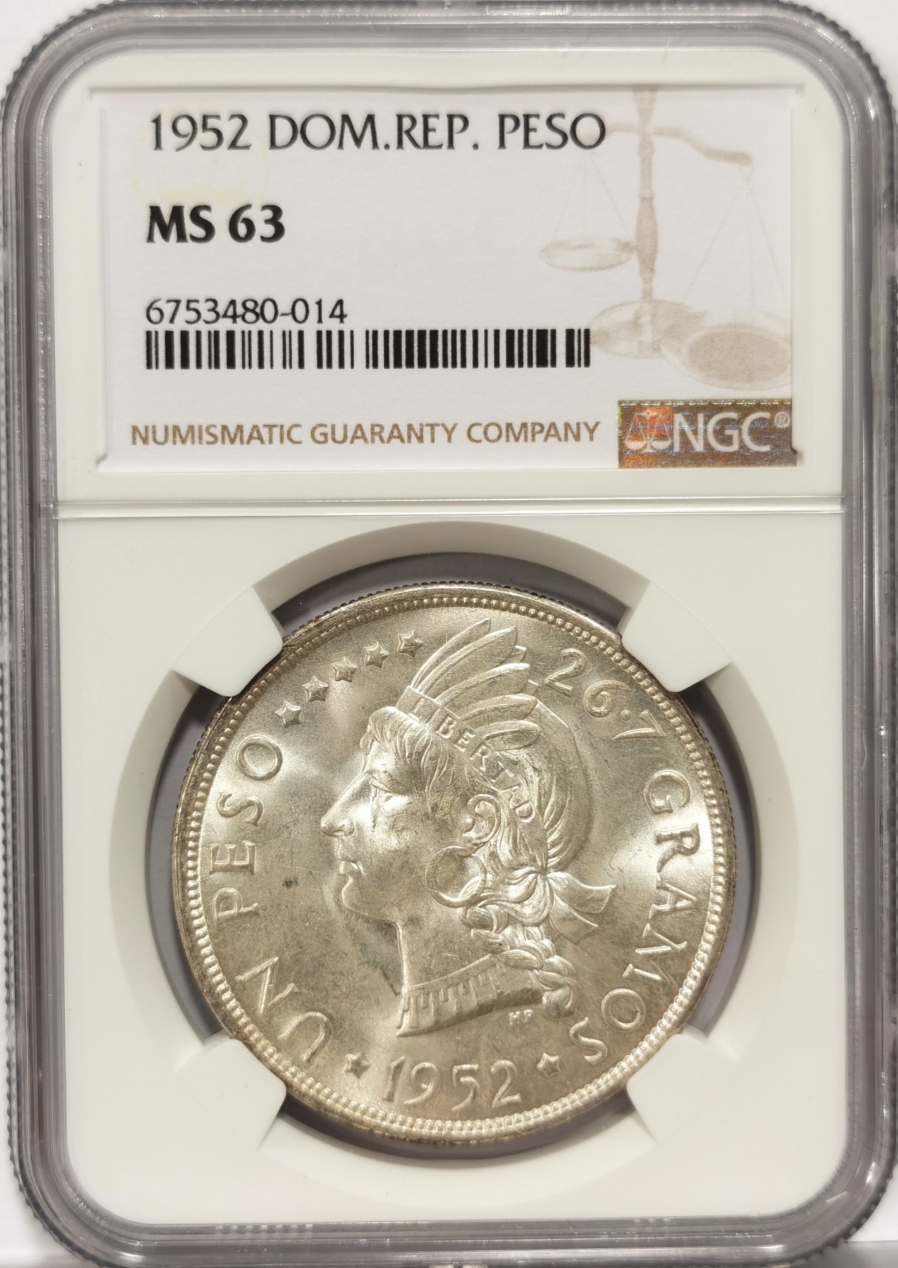 博洋堂世界钱币拍卖第057期（全场包邮） NGC MS63 多米尼加1952年1比索大银币