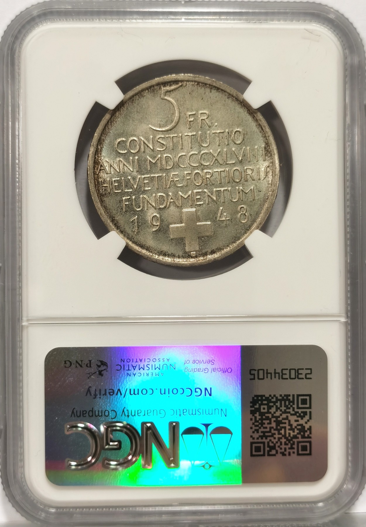 博洋堂世界钱币拍卖第057期（全场包邮） NGC MS65 瑞士1948年宪法百年纪念5法郎银币