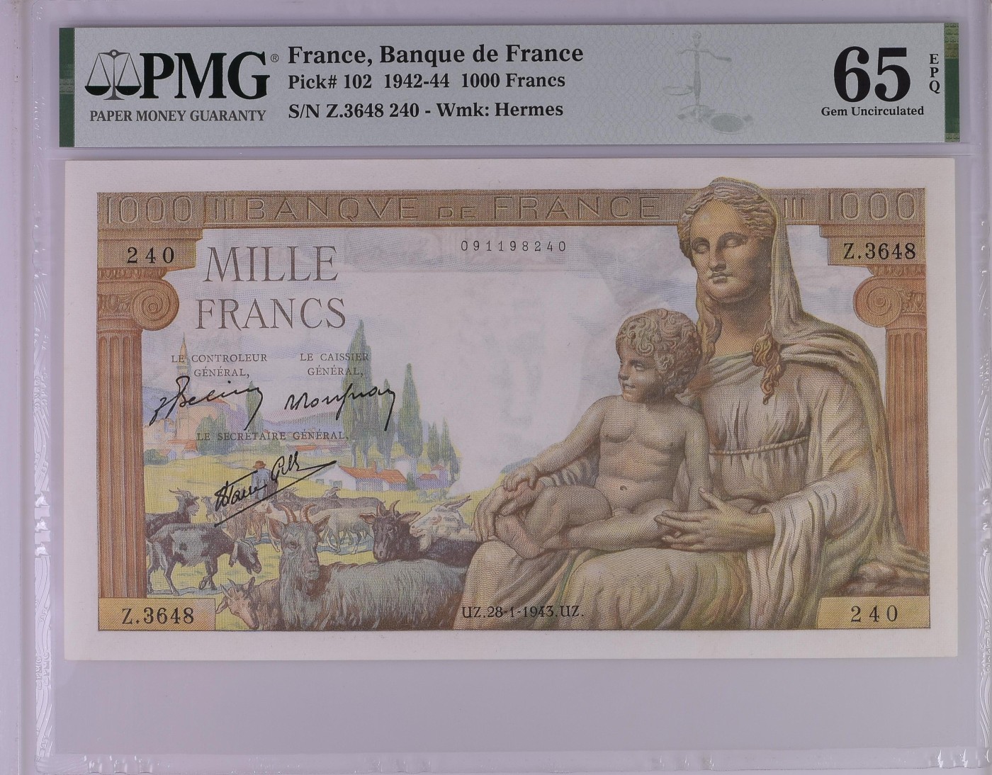 收藏联盟Quantum Auction 第313期拍卖  法国1942-44年1000法郎 PMG65