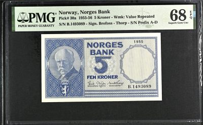 《张总收藏》131期-平安夜大美外币 - 挪威5克朗 PMG68E 挪威极地探险家南森 1955年稀少首发年A版 唯二冠军分