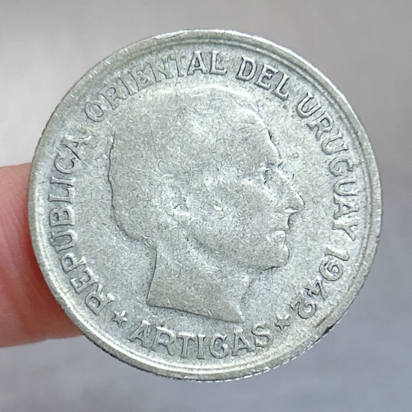 全场一元起拍 世界钱币散币、银币专场 第49期 乌拉圭1942年1比索银币 反抗西班牙殖民统治国父阿蒂加斯将军 重8.8g