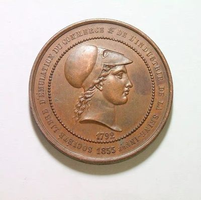 法国1855年 女神头像高浮雕精制铜章 32MM - 法国1855年 女神头像高浮雕精制铜章 32MM