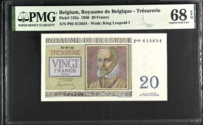 《张总收藏》131期-平安夜大美外币 - 比利时20法郎 PMG68E 1950年老版本 唯一冠军分