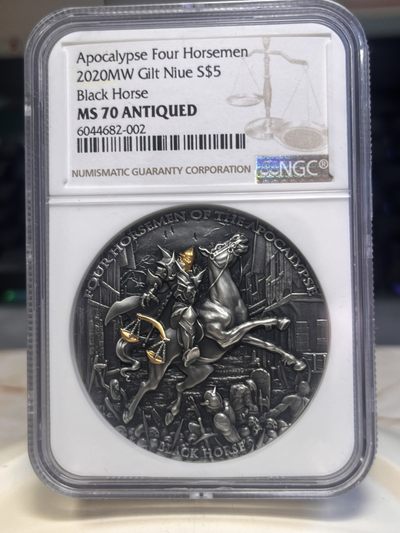 【海寕潮】拍卖第九十五期【建国宾馆币展】 - 【海寧潮A】纽埃2020年天启黑马骑士镀金纪念银币NGC-MS70原价3500元，无原包装及证书
