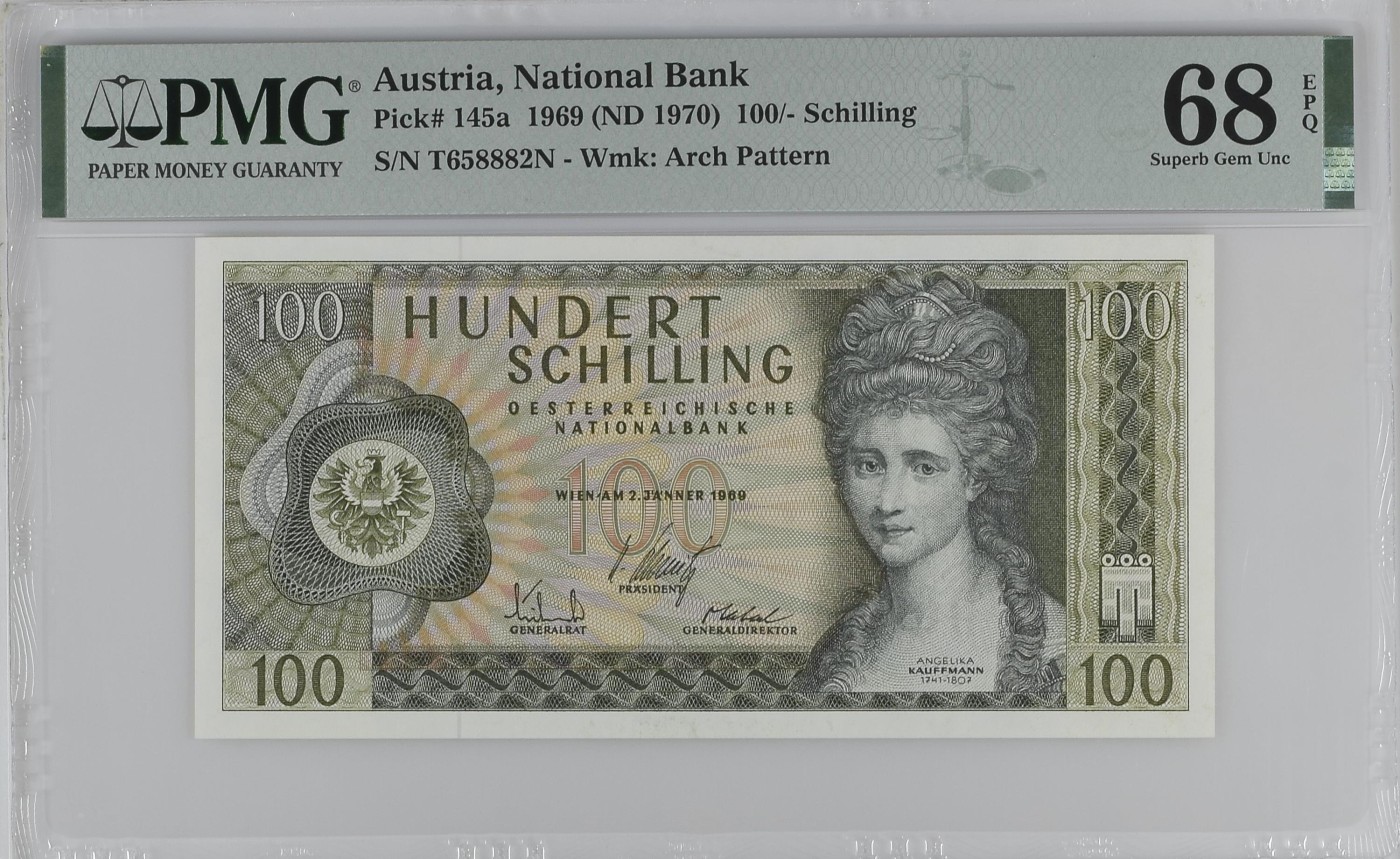 收藏联盟Quantum Auction 第313期拍卖  奥地利1969 (ND 1970)年100先令 PMG68 画家考夫曼