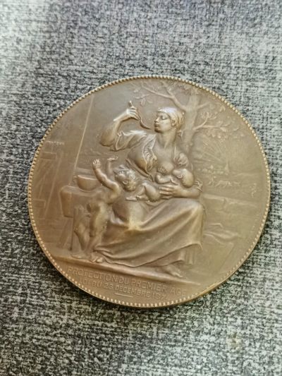 欧洲章牌专场【25】 - 1874时代的保护铜制奖章 66毫米 136克 边铭丰饶角bronze