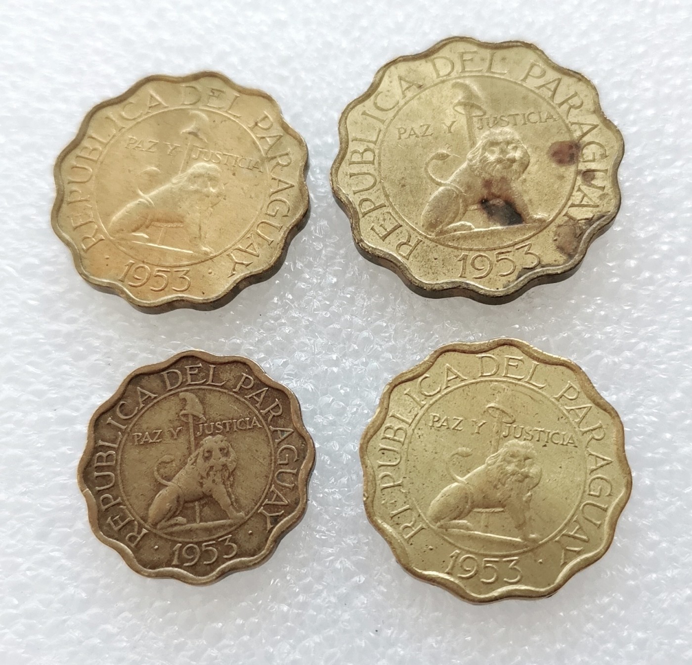 全场一元起拍 世界钱币散币、银币专场 第49期 巴拉圭1953年铝青铜币 自由帽狮子王 4枚